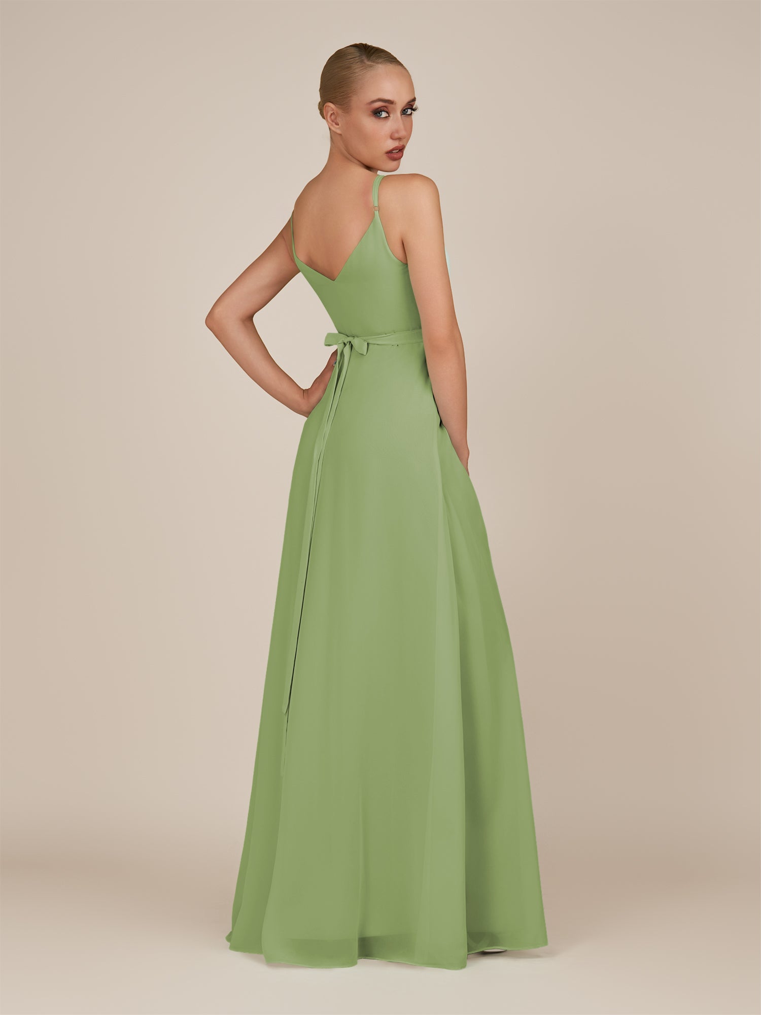 KissDress-Glenys Matcha A Line V Neck Long Bridesmaid Dress with Slit