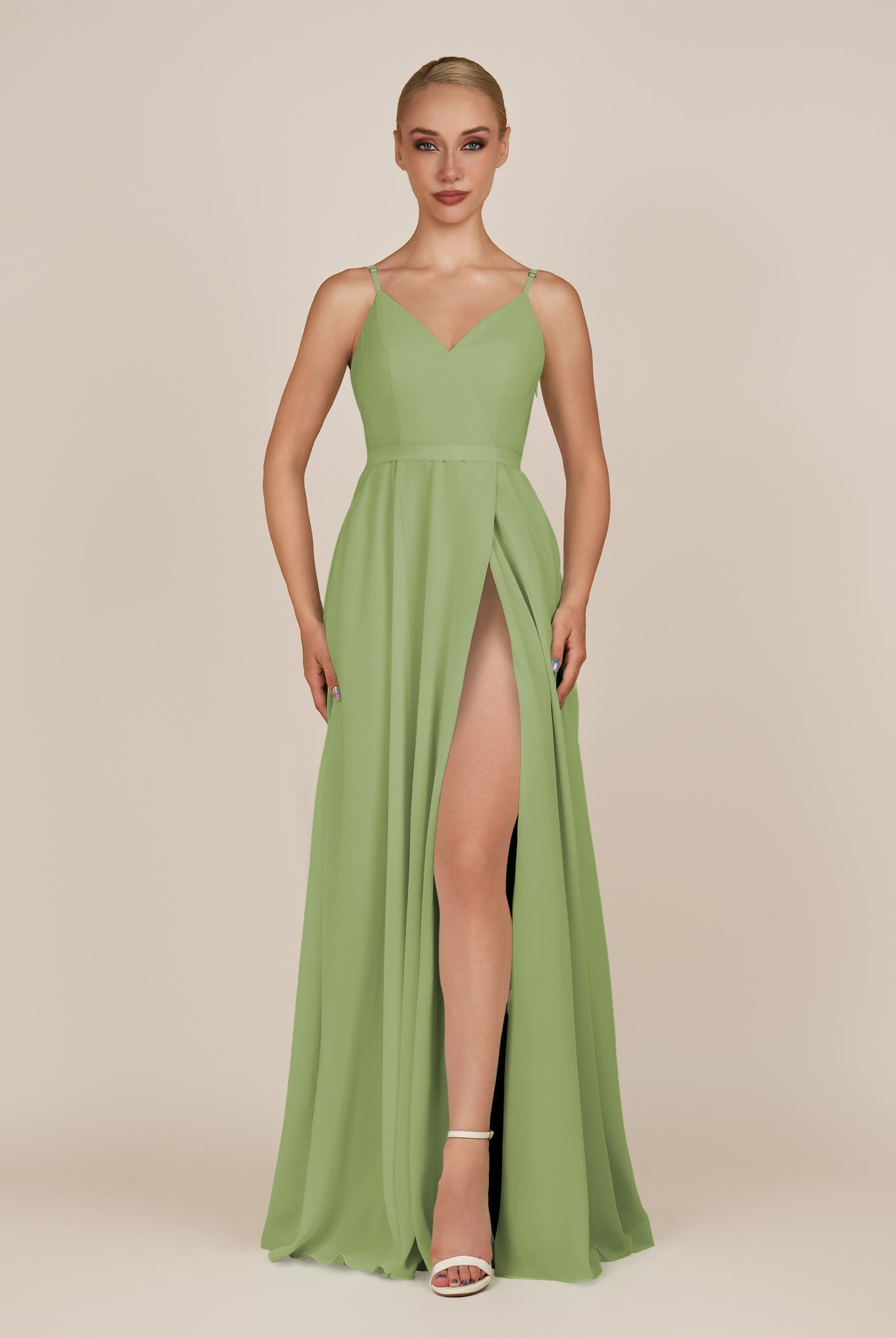 KissDress-Glenys Matcha A Line V Neck Long Bridesmaid Dress with Slit