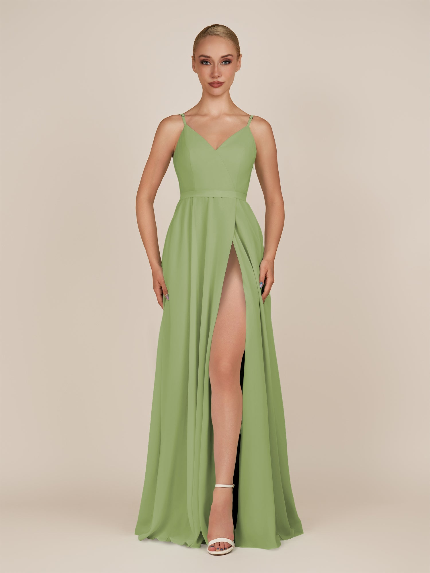 KissDress-Glenys Matcha A Line V Neck Long Bridesmaid Dress with Slit