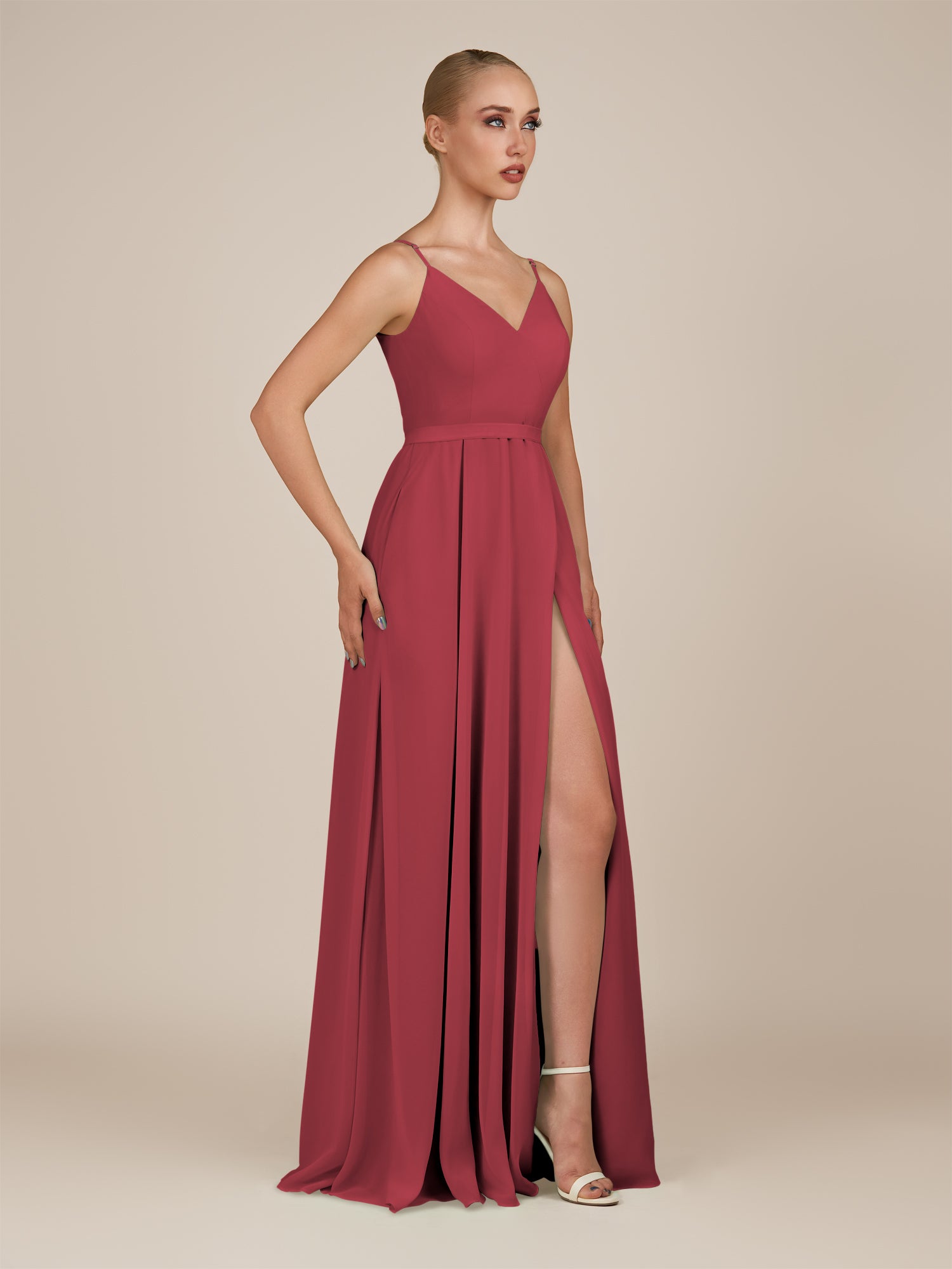KissDress-Glenys Merlot A Line V Neck Long Bridesmaid Dress with Slit