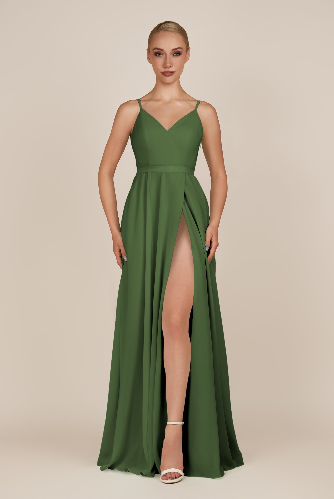 KissDress-Glenys Moss A Line V Neck Long Bridesmaid Dress with Slit