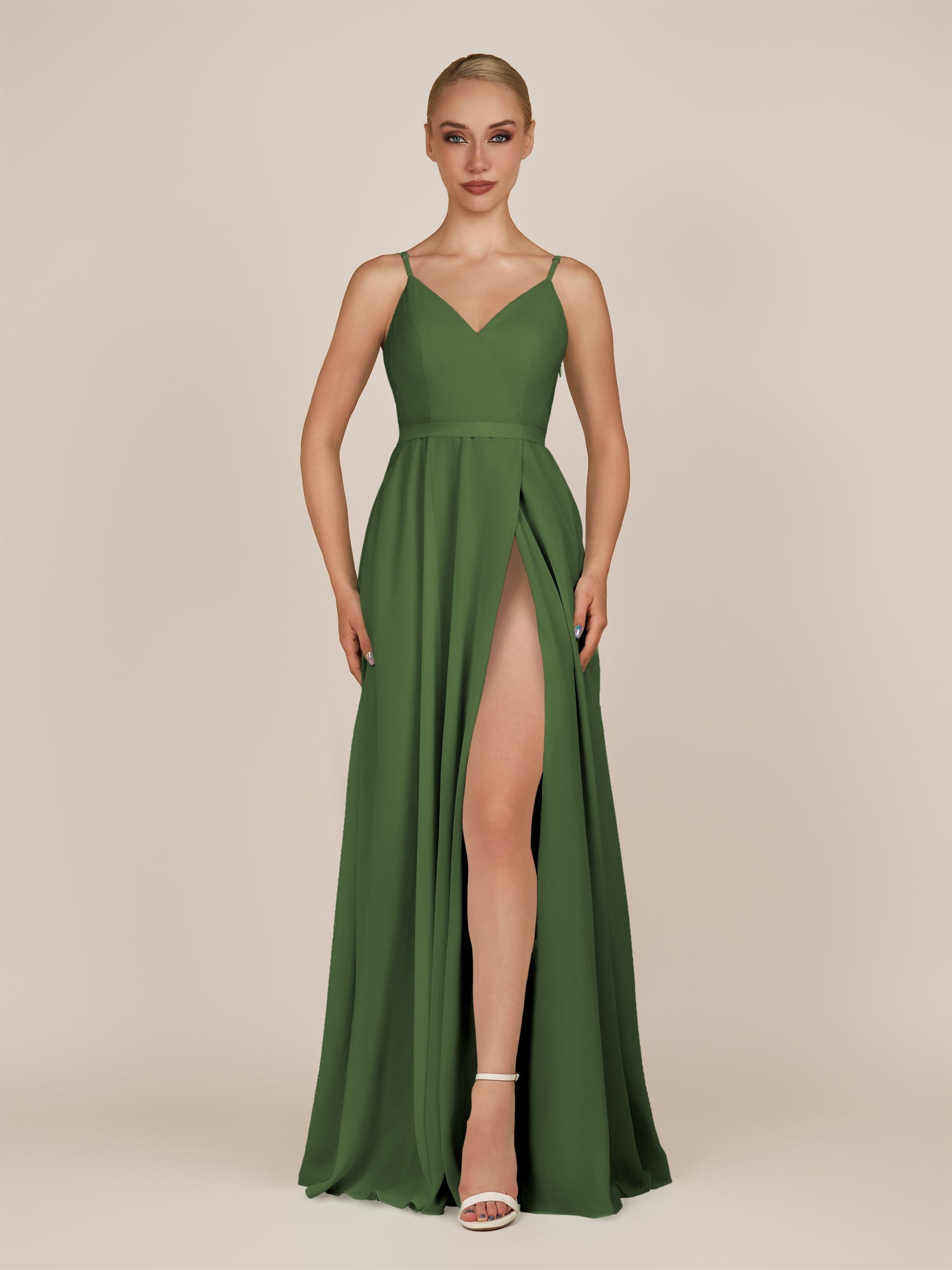 KissDress-Glenys Moss A Line V Neck Long Bridesmaid Dress with Slit