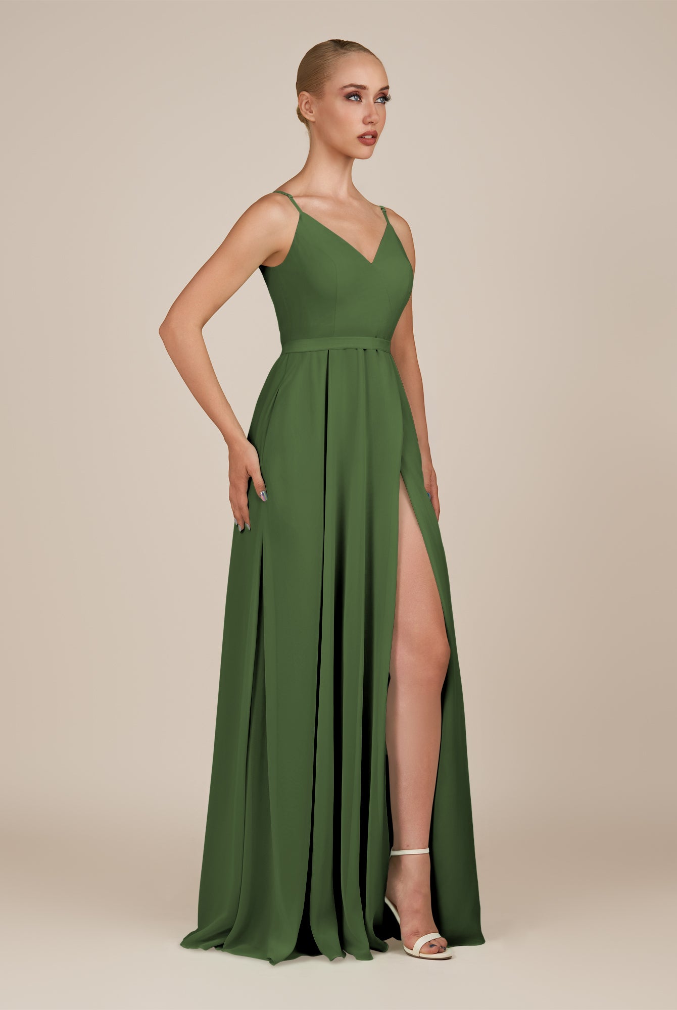 KissDress-Glenys Moss A Line V Neck Long Bridesmaid Dress with Slit