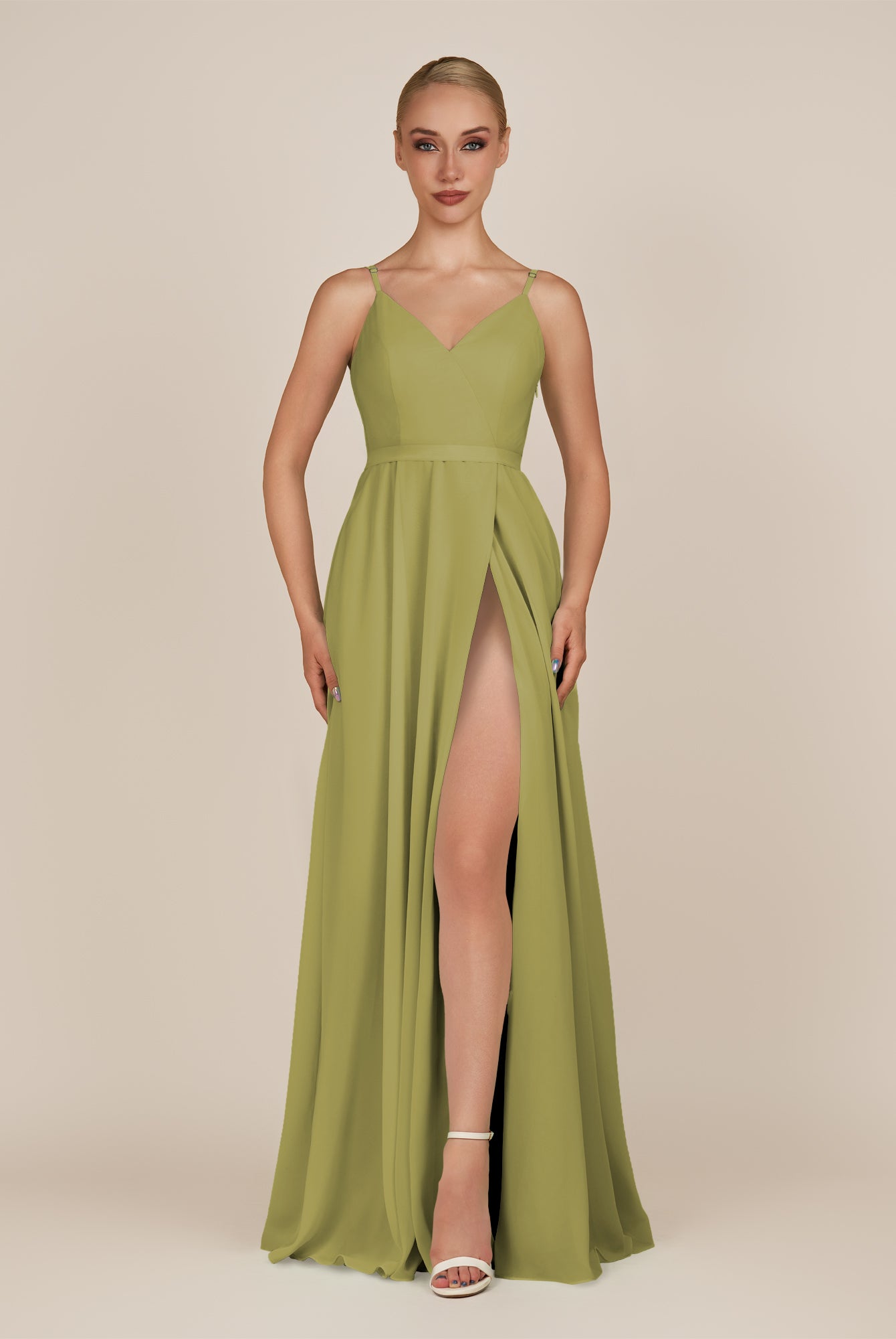 KissDress-Glenys Moss Green A Line V Neck Long Bridesmaid Dress with Slit
