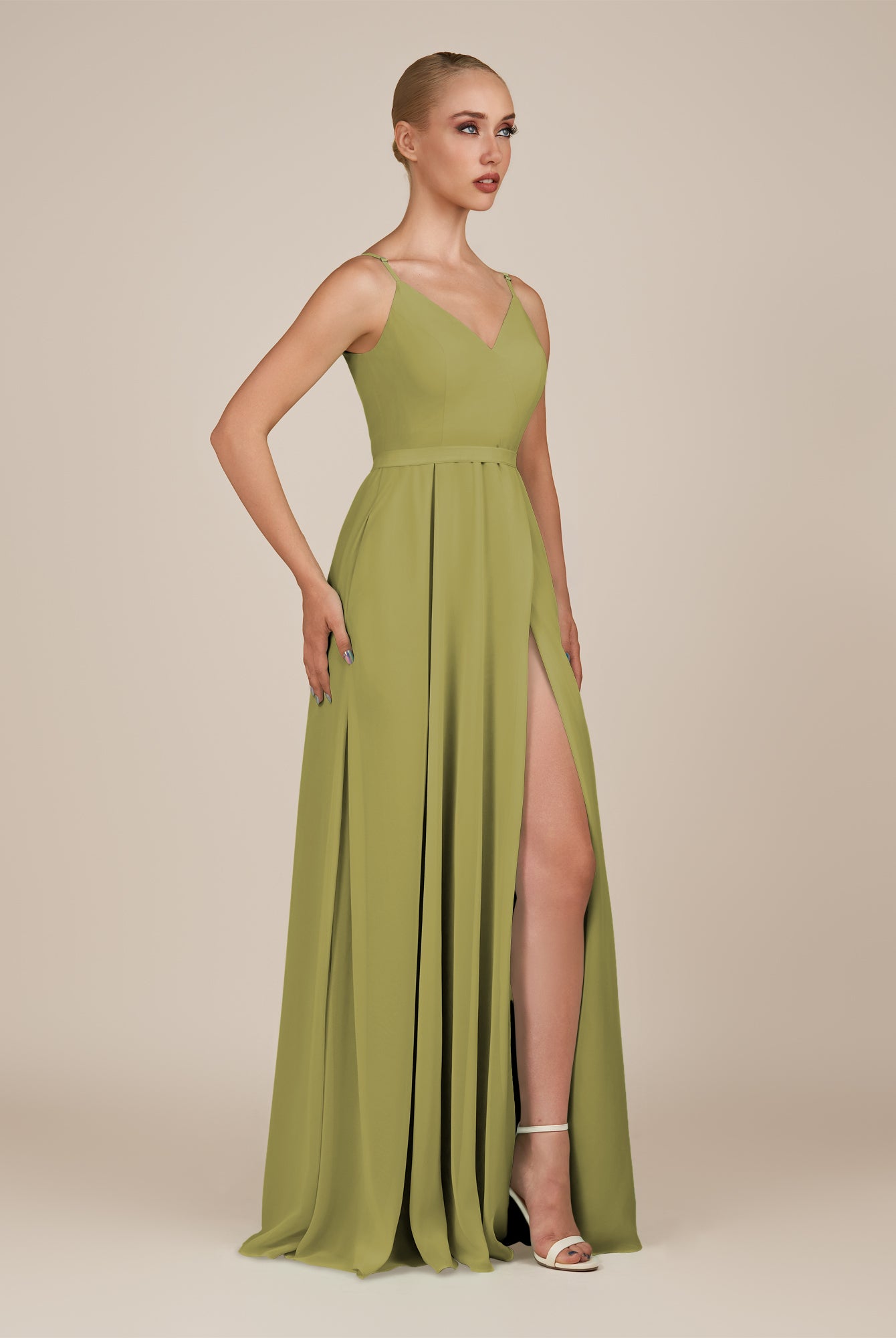 KissDress-Glenys Moss Green A Line V Neck Long Bridesmaid Dress with Slit
