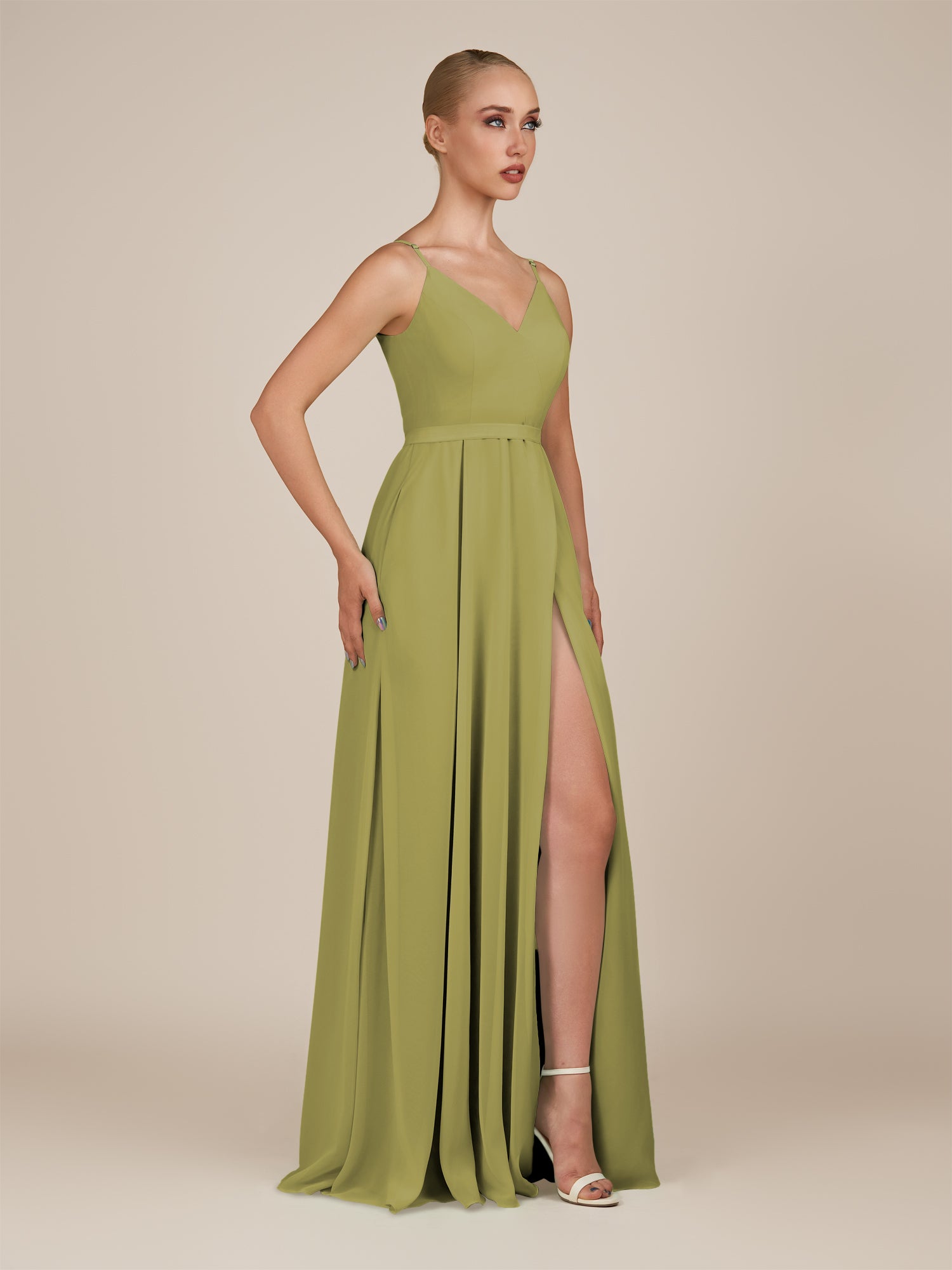 KissDress-Glenys Moss Green A Line V Neck Long Bridesmaid Dress with Slit