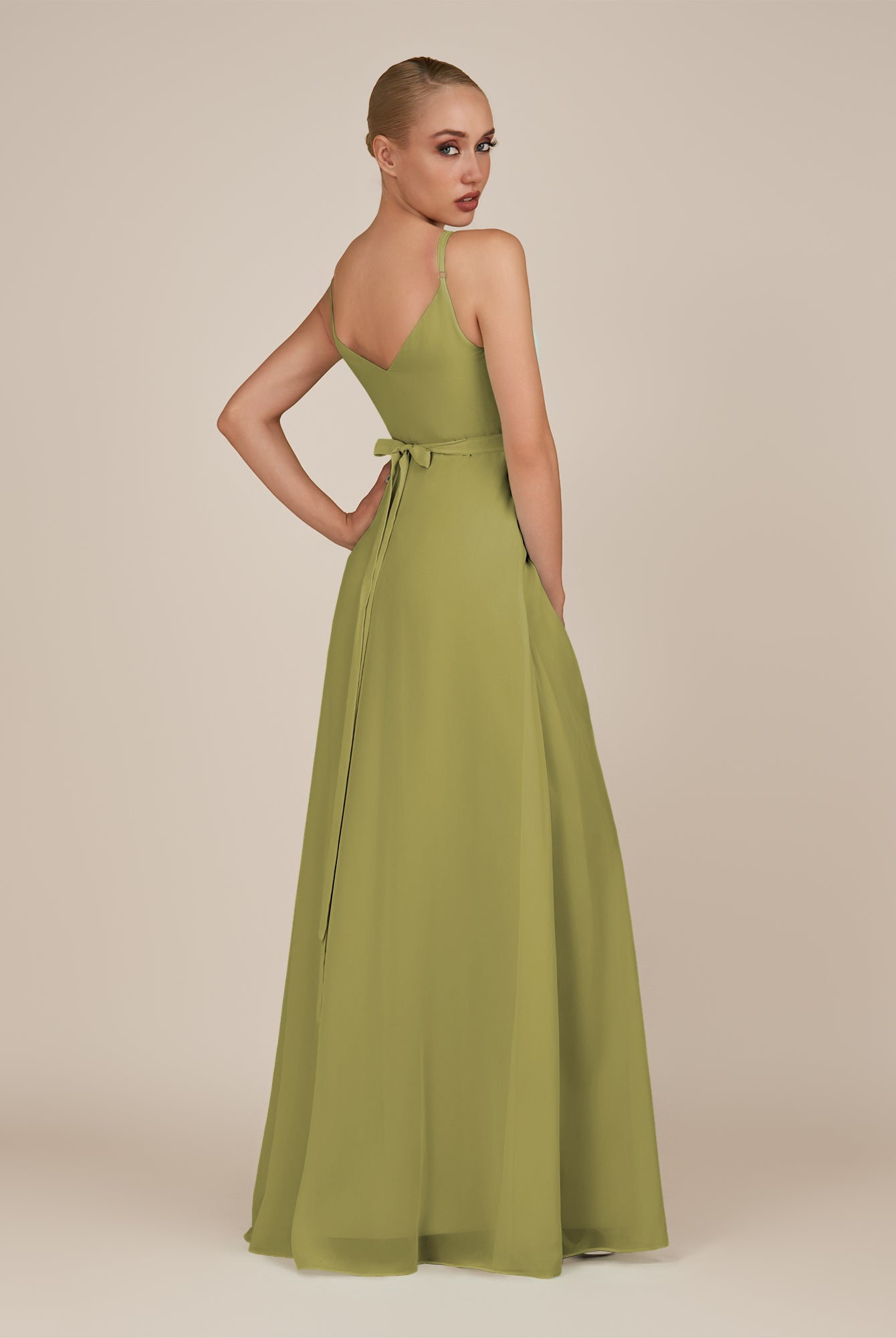 KissDress-Glenys Moss Green A Line V Neck Long Bridesmaid Dress with Slit