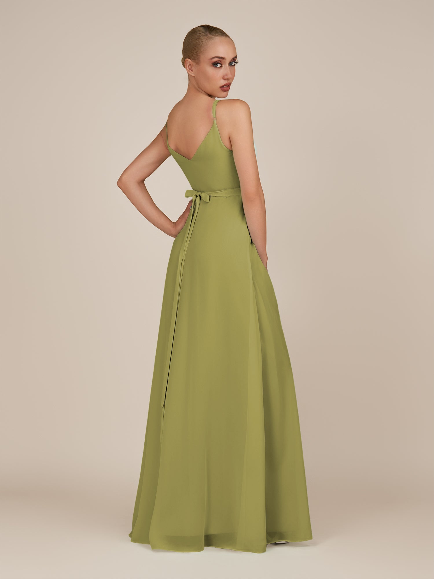 KissDress-Glenys Moss Green A Line V Neck Long Bridesmaid Dress with Slit