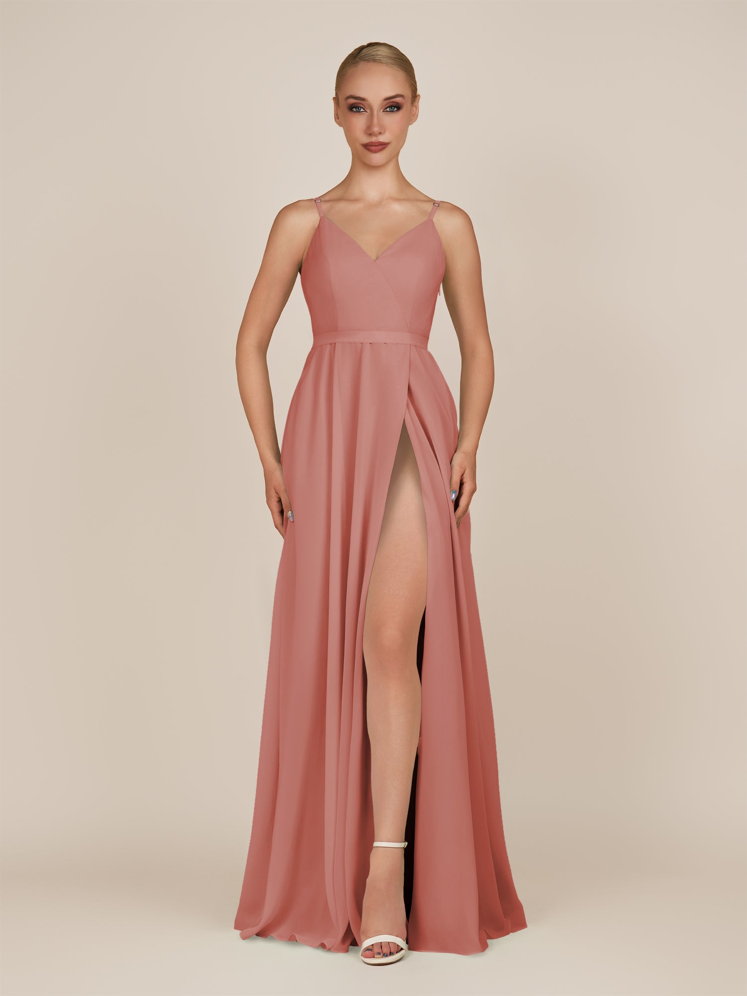 KissDress-Glenys Mulberry A Line V Neck Long Bridesmaid Dress with Slit
