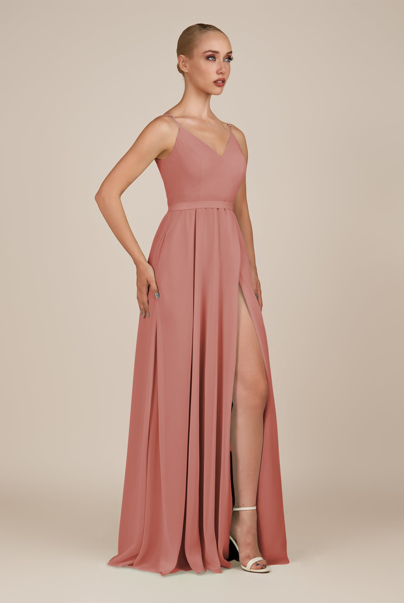 KissDress-Glenys Mulberry A Line V Neck Long Bridesmaid Dress with Slit