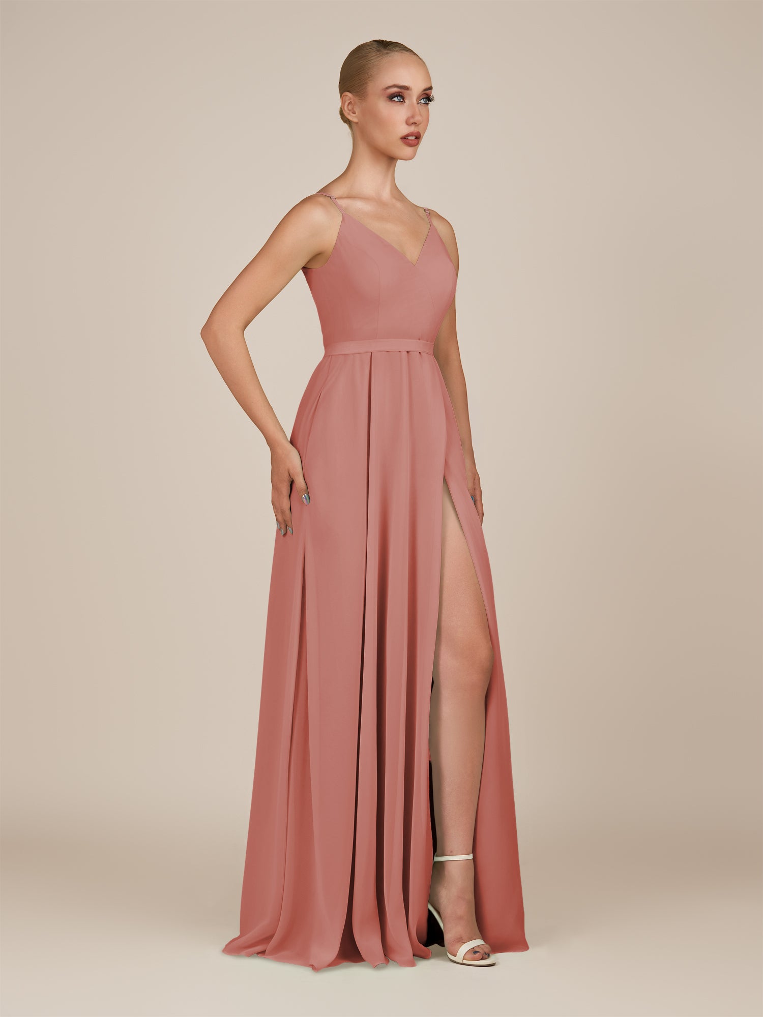 KissDress-Glenys Mulberry A Line V Neck Long Bridesmaid Dress with Slit
