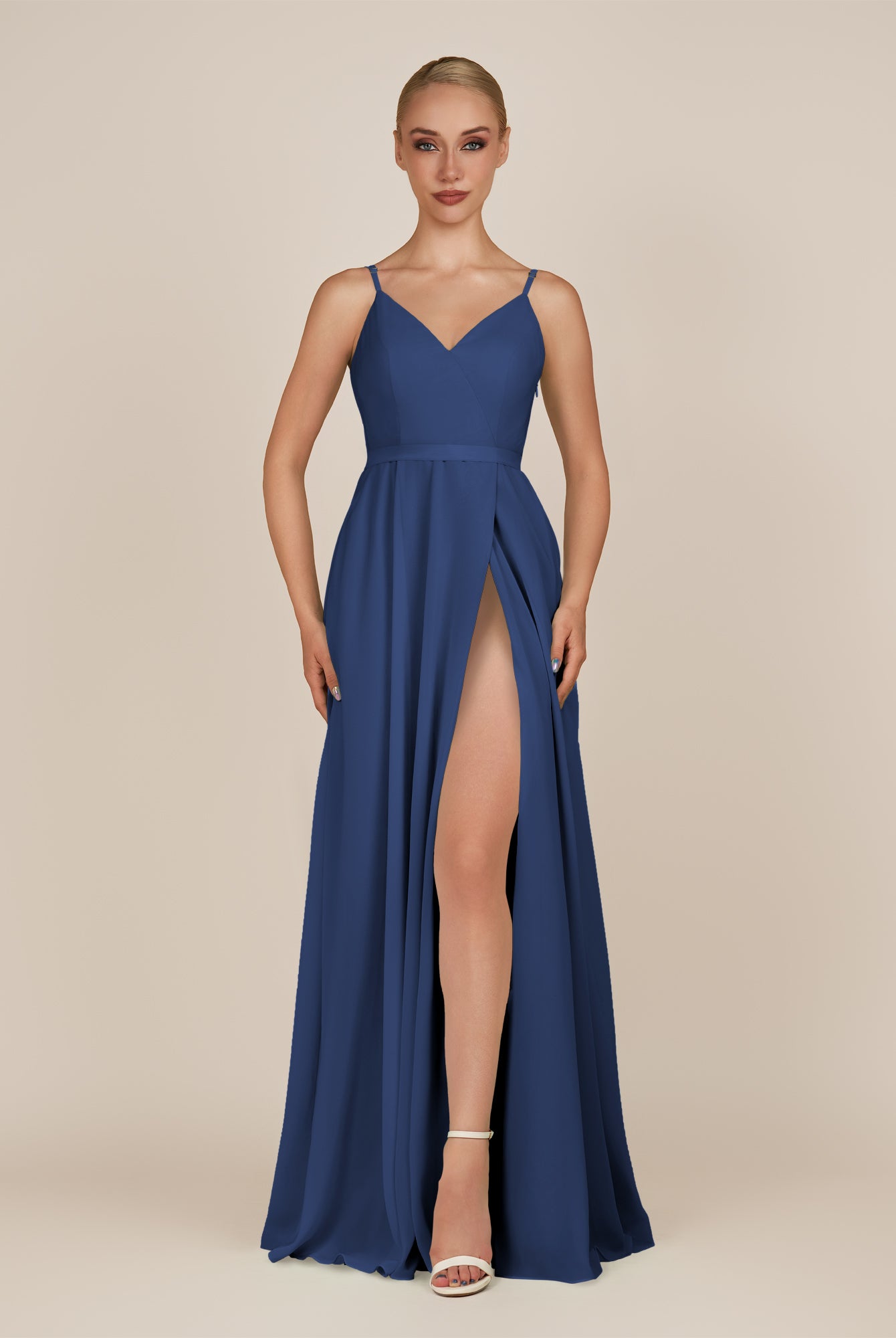 KissDress-Glenys Navy A Line V Neck Long Bridesmaid Dress with Slit