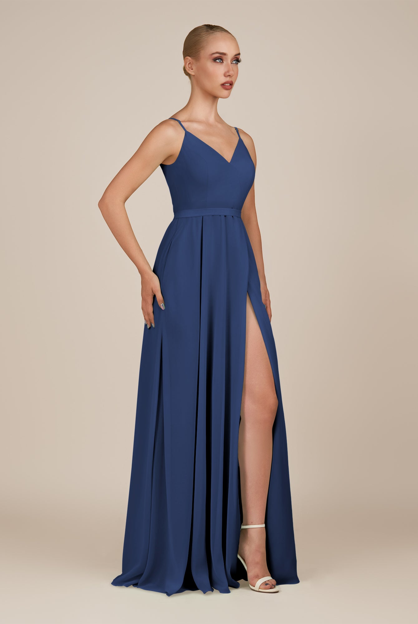 KissDress-Glenys Navy A Line V Neck Long Bridesmaid Dress with Slit