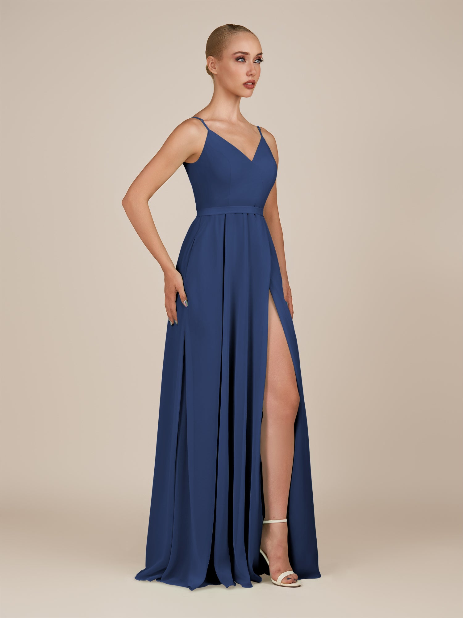 KissDress-Glenys Navy A Line V Neck Long Bridesmaid Dress with Slit