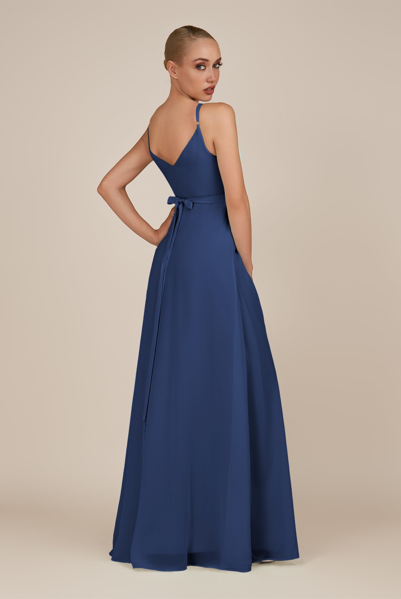 KissDress-Glenys Navy A Line V Neck Long Bridesmaid Dress with Slit