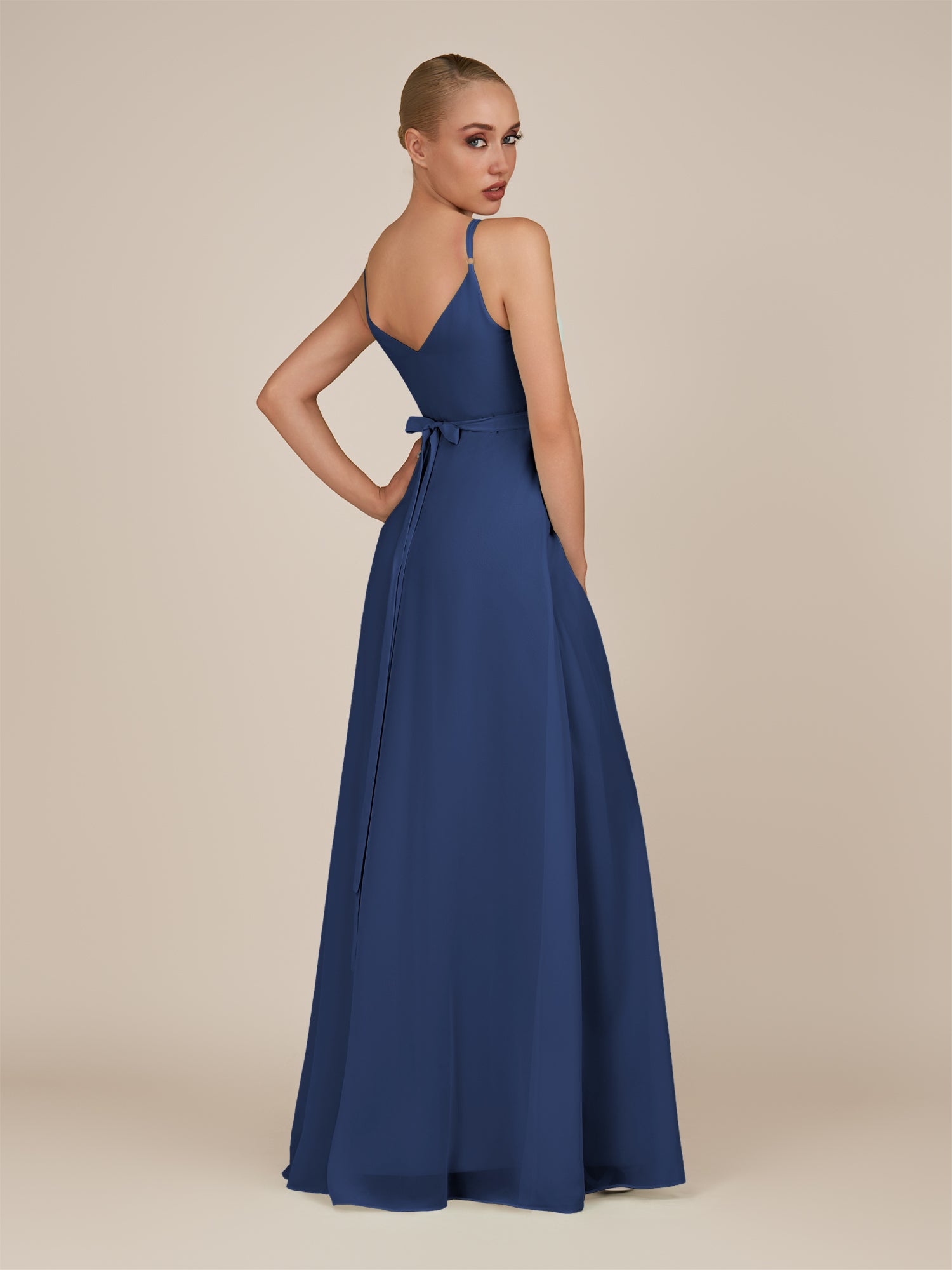 KissDress-Glenys Navy A Line V Neck Long Bridesmaid Dress with Slit