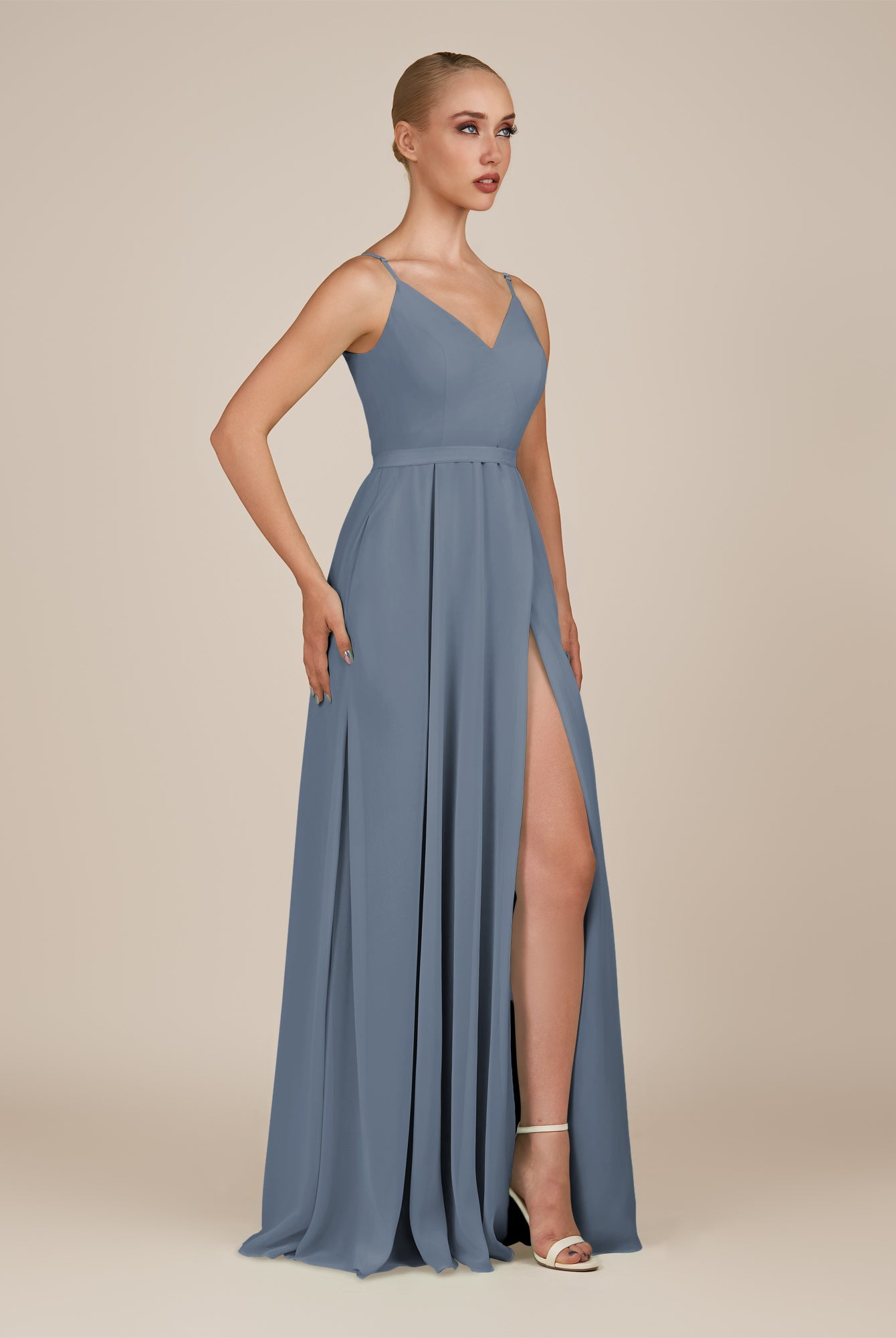 KissDress-Glenys Neptune A Line V Neck Long Bridesmaid Dress with Slit