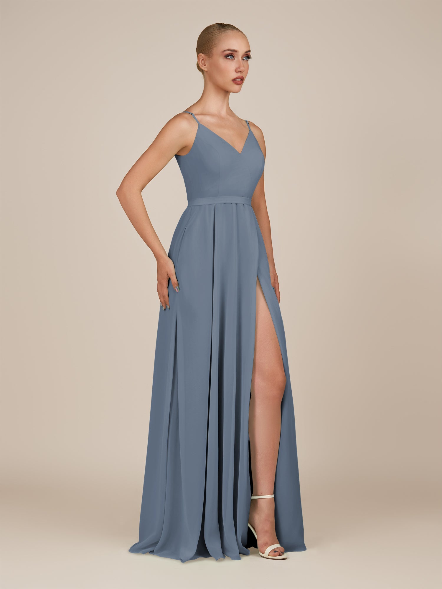 KissDress-Glenys Neptune A Line V Neck Long Bridesmaid Dress with Slit