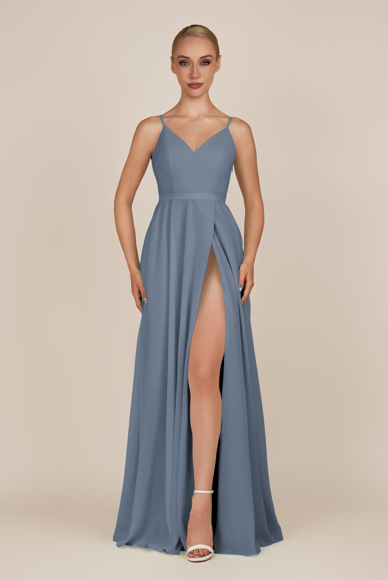 KissDress-Glenys Neptune A Line V Neck Long Bridesmaid Dress with Slit