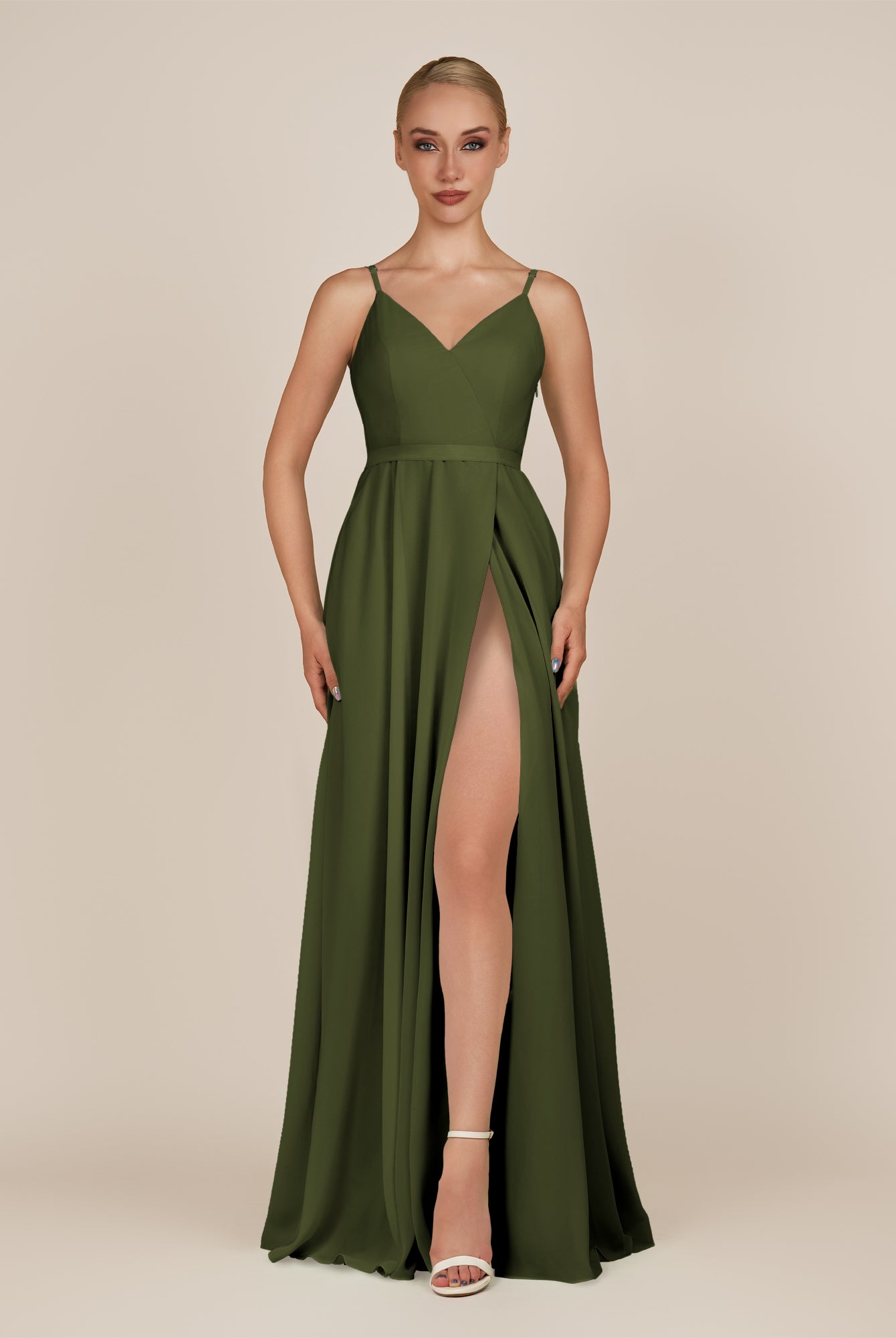 KissDress-Glenys Olive A Line V Neck Long Bridesmaid Dress with Slit