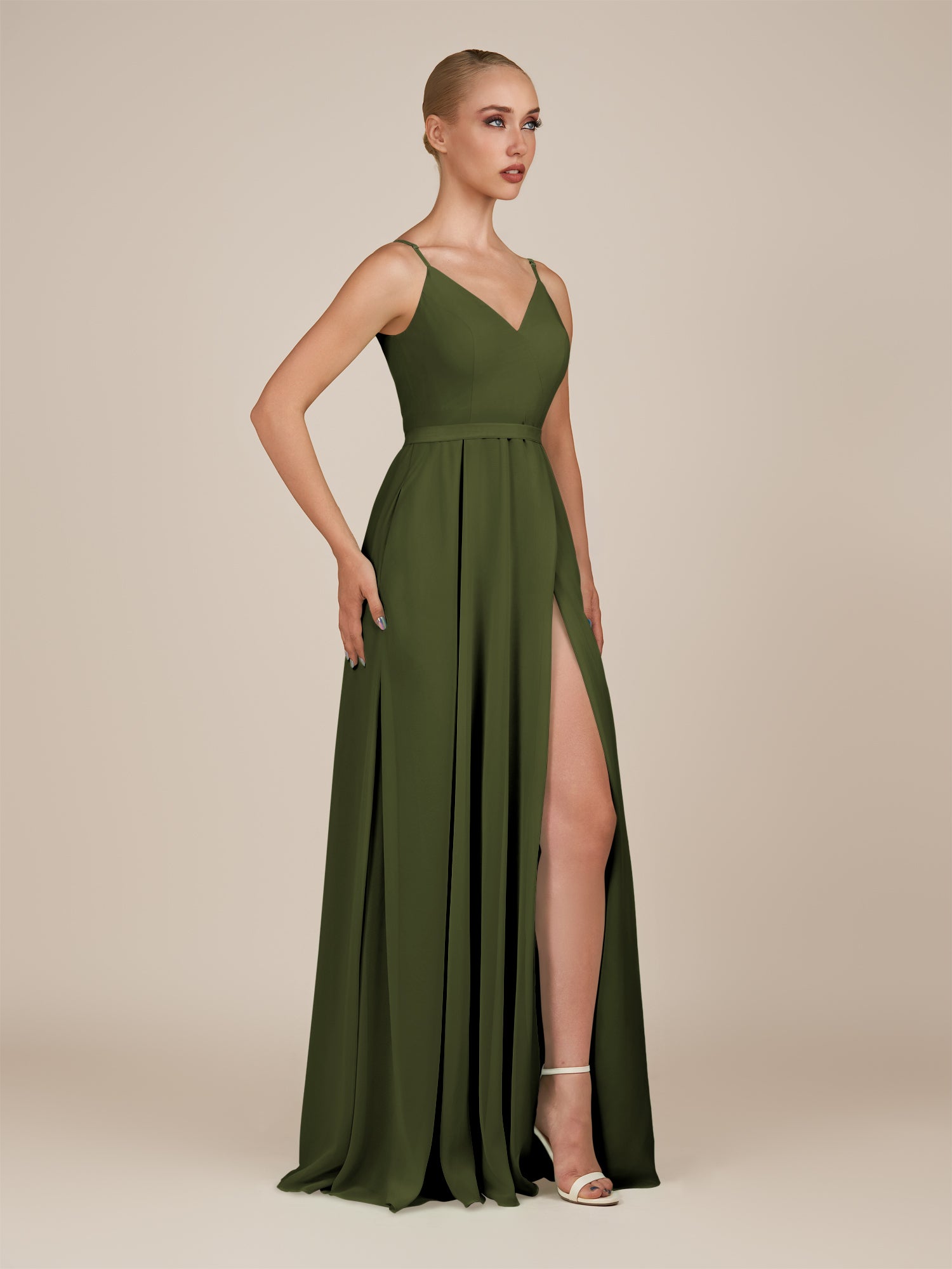KissDress-Glenys Olive A Line V Neck Long Bridesmaid Dress with Slit