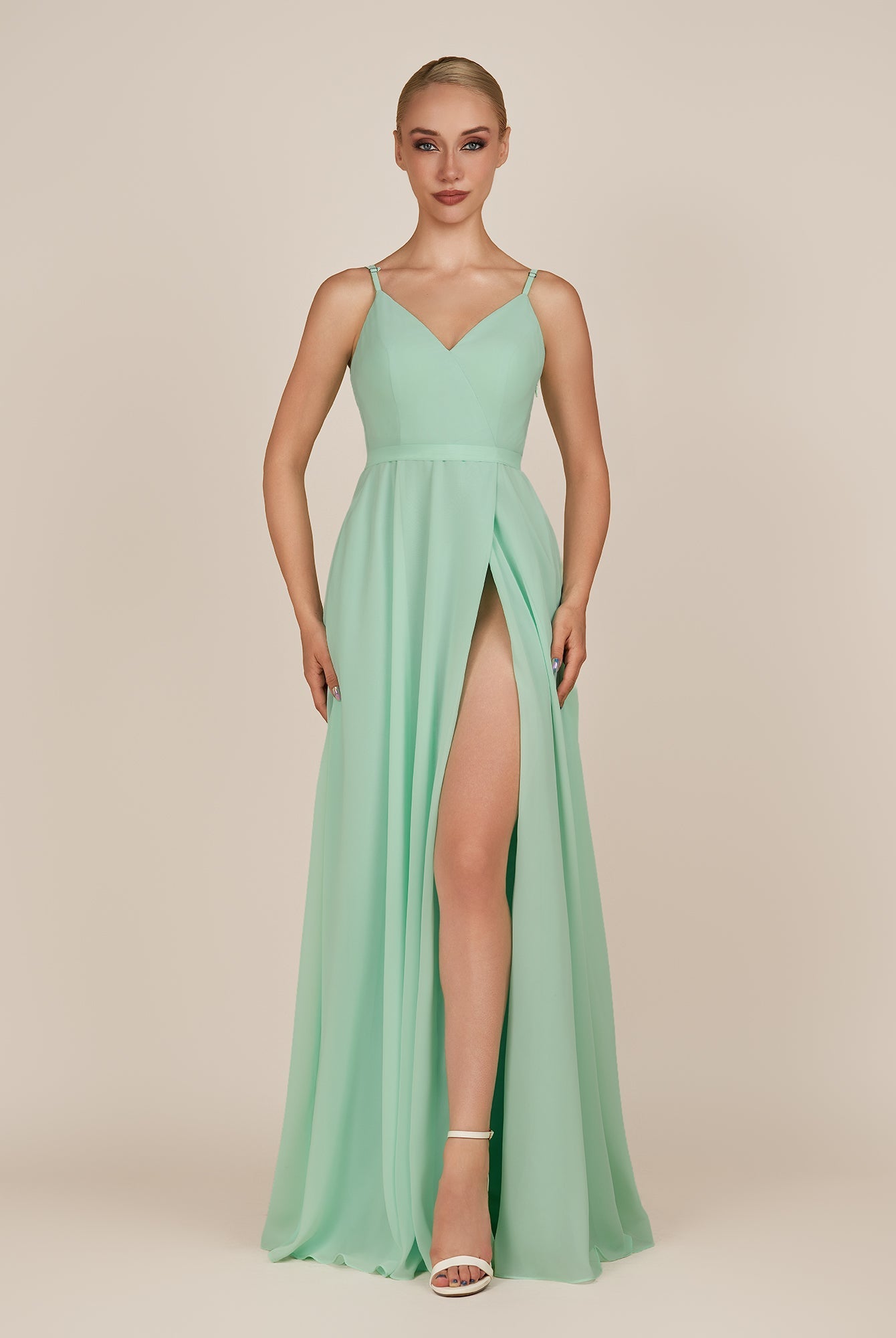 KissDress-Glenys Pale Pistachio A Line V Neck Long Bridesmaid Dress with Slit
