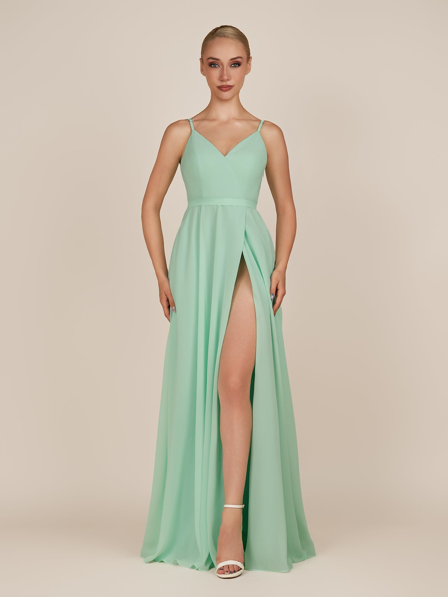 KissDress-Glenys Pale Pistachio A Line V Neck Long Bridesmaid Dress with Slit