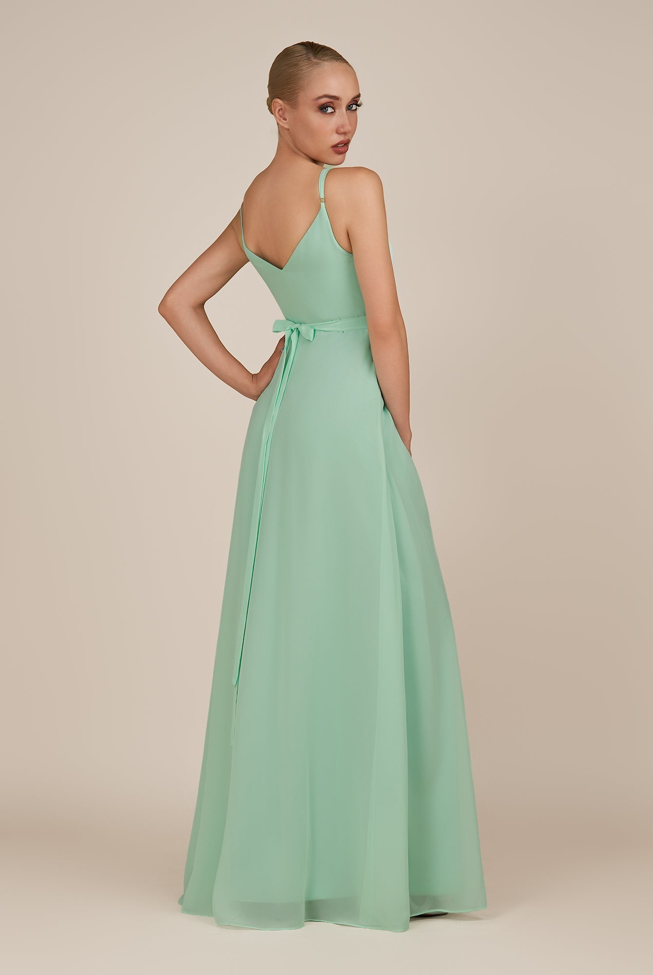 KissDress-Glenys Pale Pistachio A Line V Neck Long Bridesmaid Dress with Slit