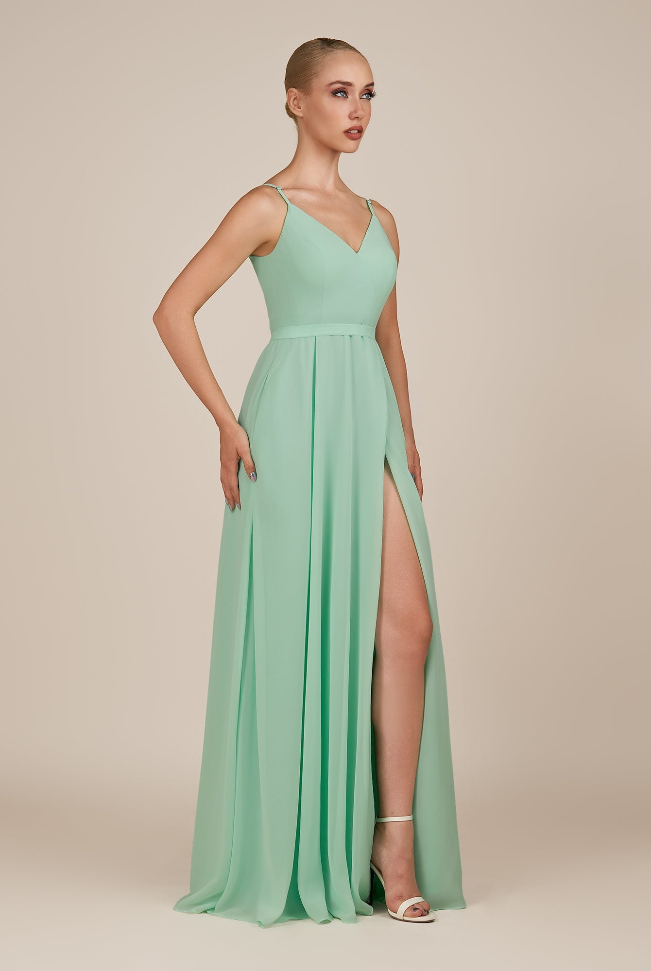 KissDress-Glenys Pale Pistachio A Line V Neck Long Bridesmaid Dress with Slit