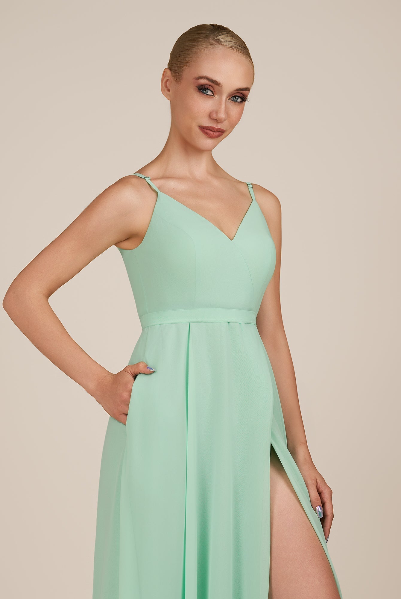 KissDress-Glenys Pale Pistachio A Line V Neck Long Bridesmaid Dress with Slit