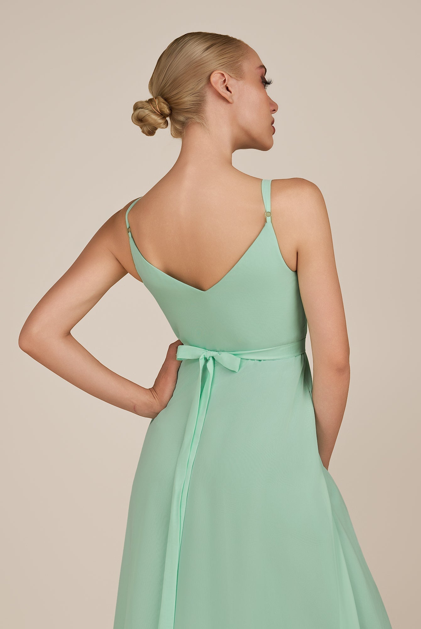 KissDress-Glenys Pale Pistachio A Line V Neck Long Bridesmaid Dress with Slit