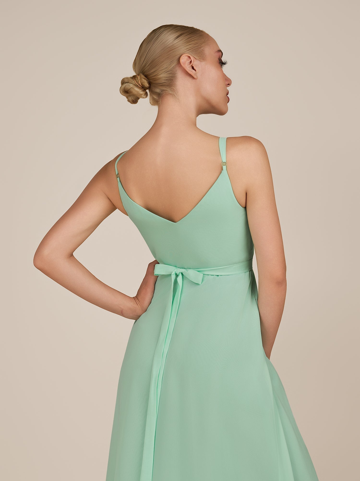 KissDress-Glenys Pale Pistachio A Line V Neck Long Bridesmaid Dress with Slit
