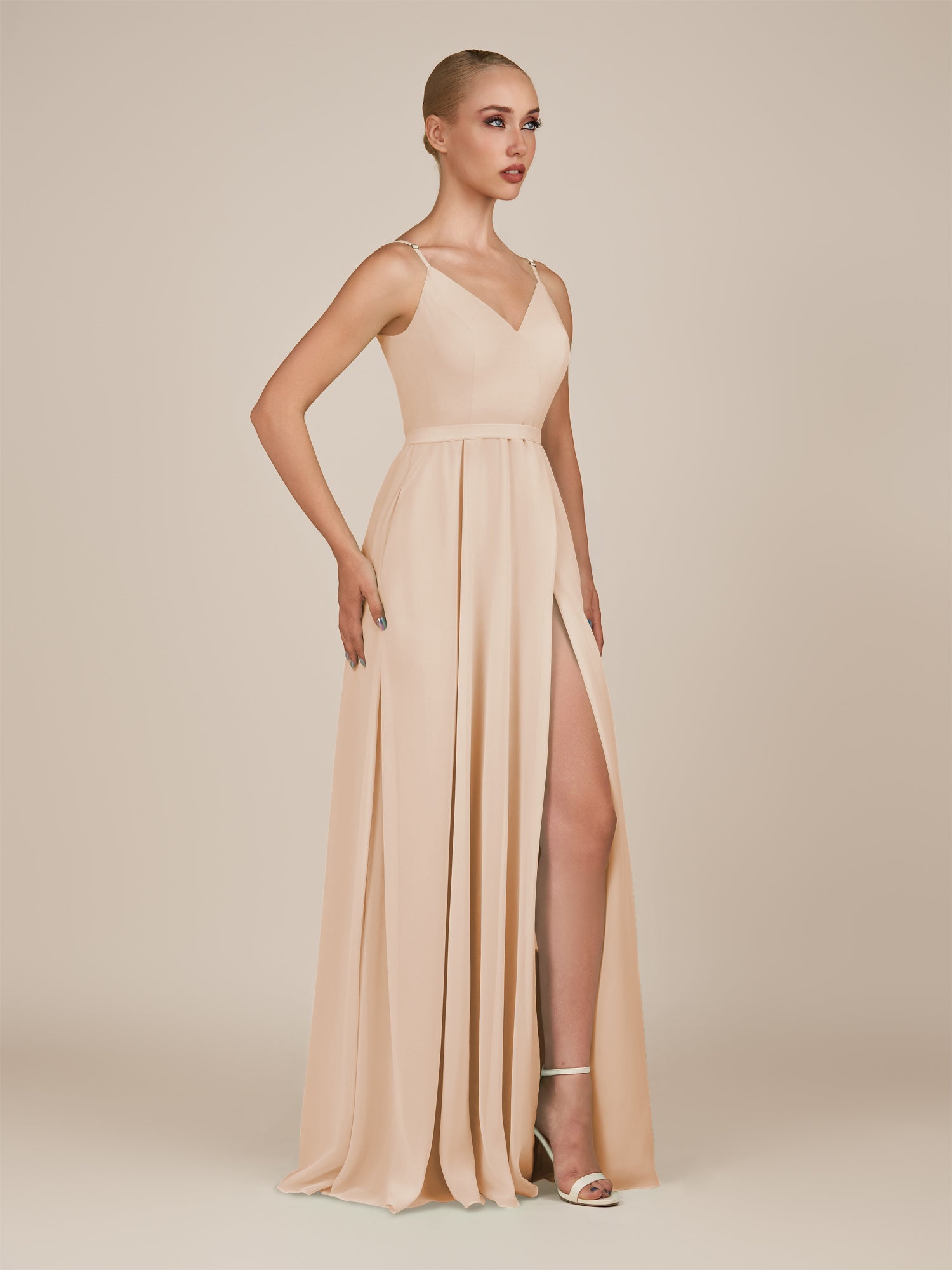 KissDress-Glenys Pale Blush A Line V Neck Long Bridesmaid Dress with Slit