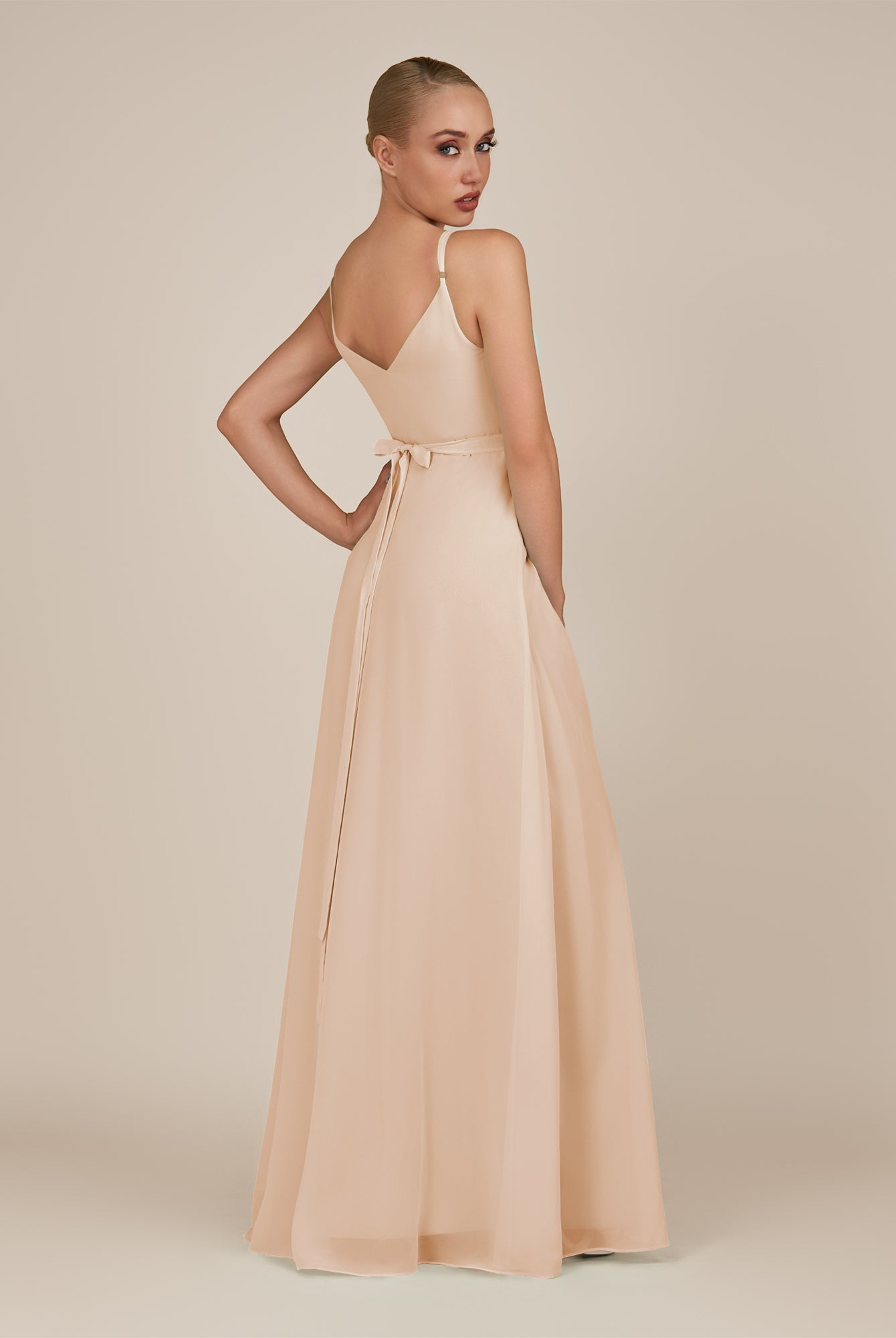 KissDress-Glenys Pale Blush A Line V Neck Long Bridesmaid Dress with Slit