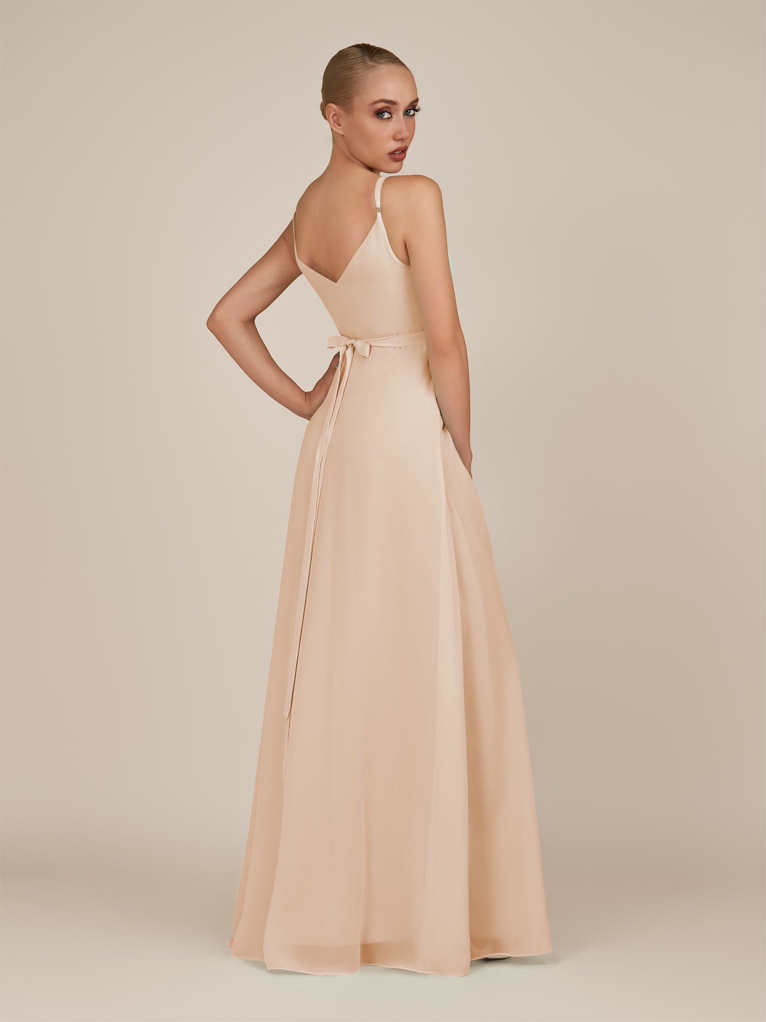 KissDress-Glenys Pale Blush A Line V Neck Long Bridesmaid Dress with Slit
