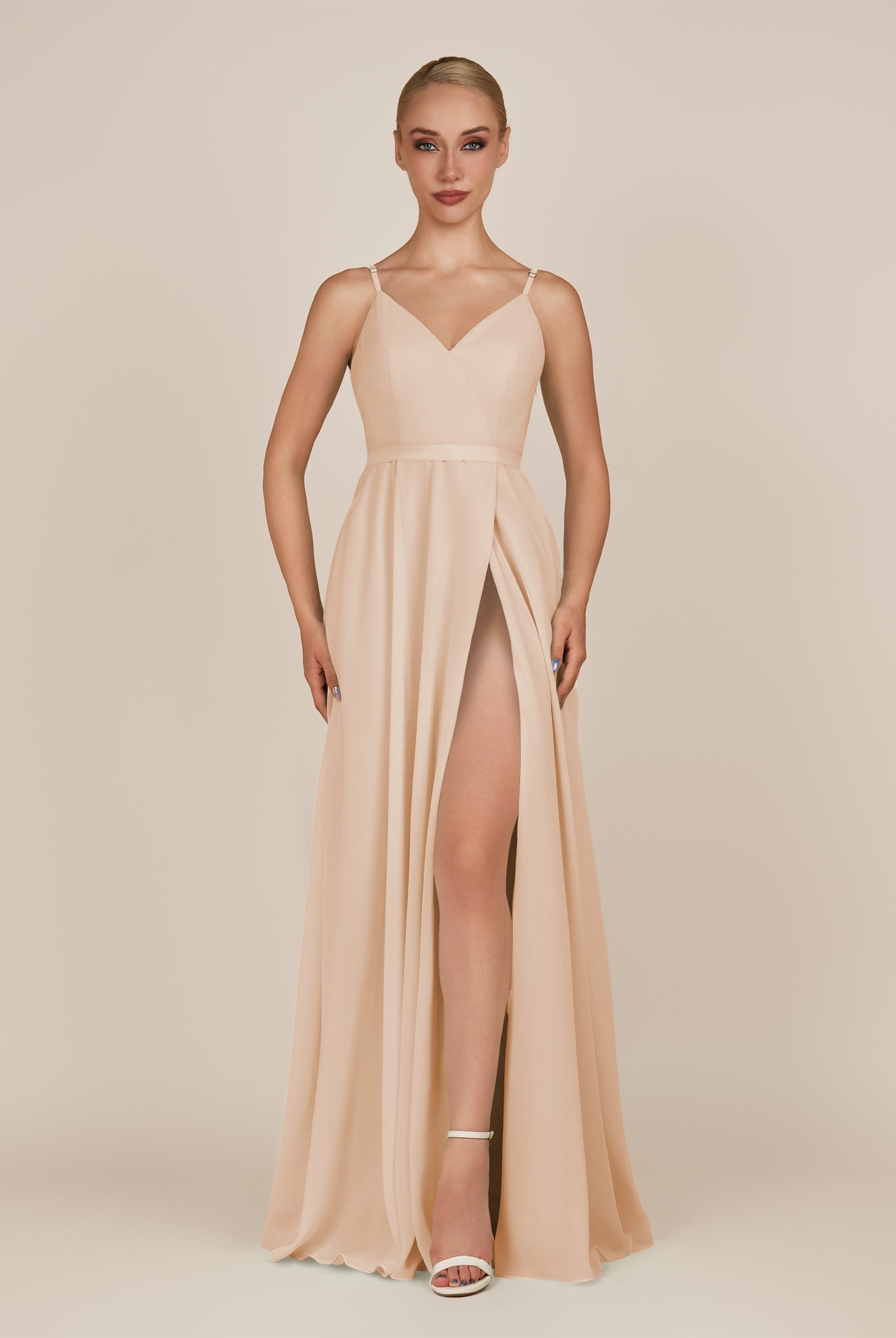 KissDress-Glenys Pale Blush A Line V Neck Long Bridesmaid Dress with Slit