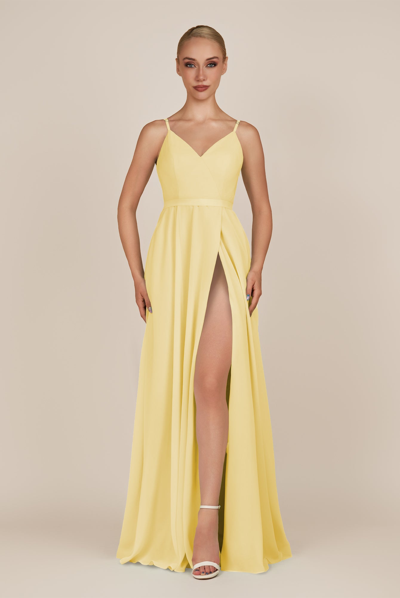 KissDress-Glenys Pastel Yellow A Line V Neck Long Bridesmaid Dress with Slit