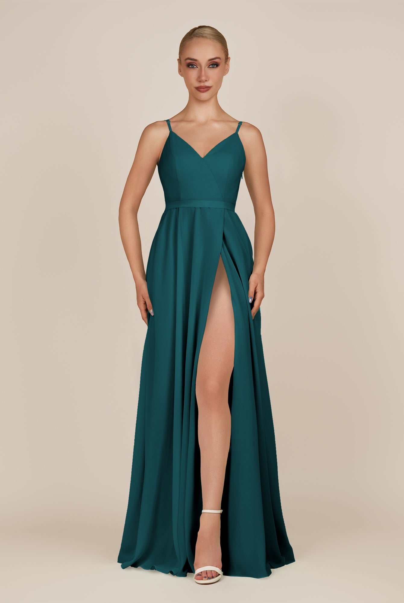 KissDress-Glenys Pine A Line V Neck Long Bridesmaid Dress with Slit