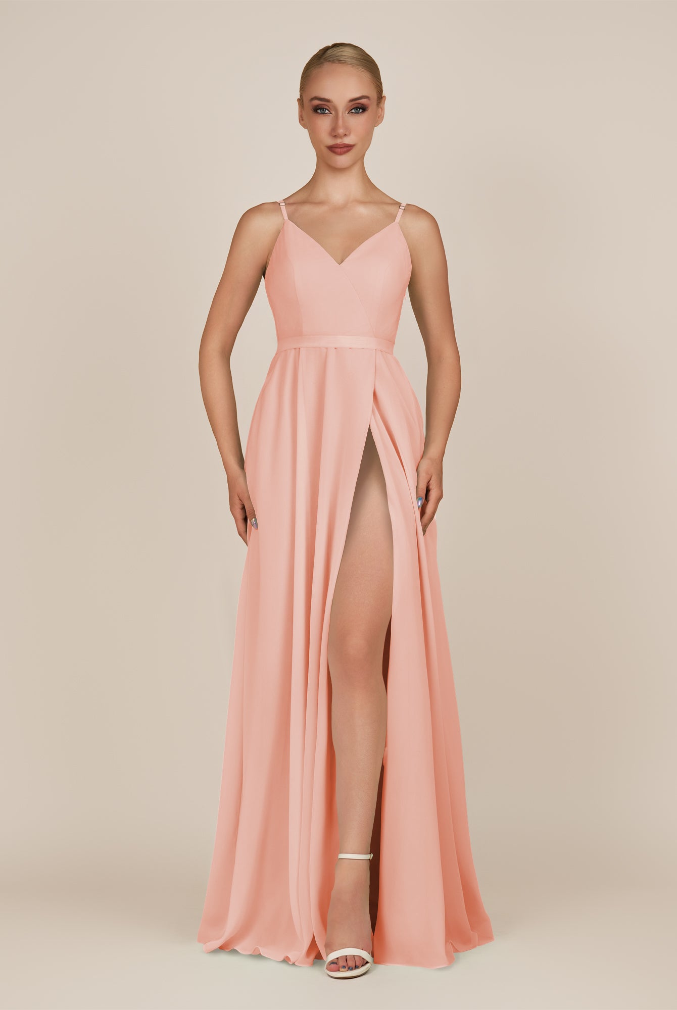 KissDress-Glenys Rose Petal A Line V Neck Long Bridesmaid Dress with Slit
