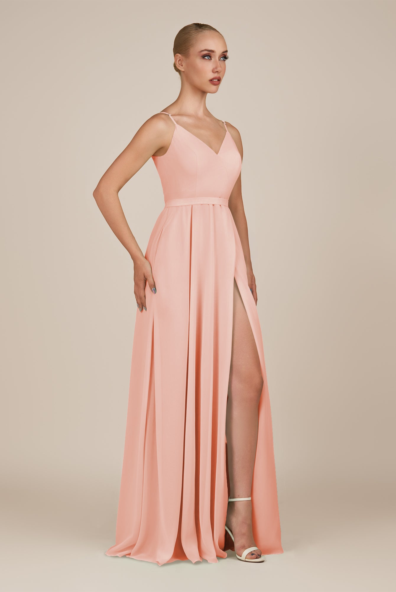 KissDress-Glenys Rose Petal A Line V Neck Long Bridesmaid Dress with Slit