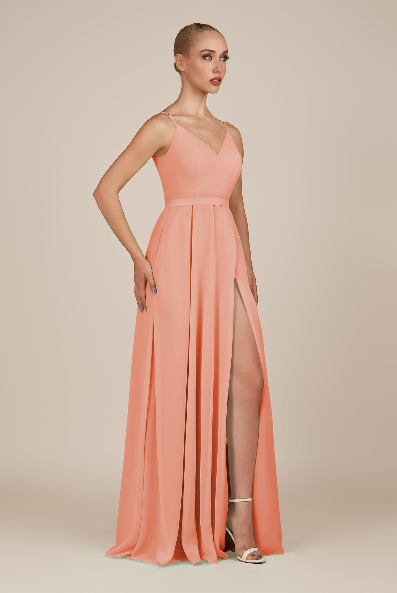 KissDress-Glenys Rosette A Line V Neck Long Bridesmaid Dress with Slit