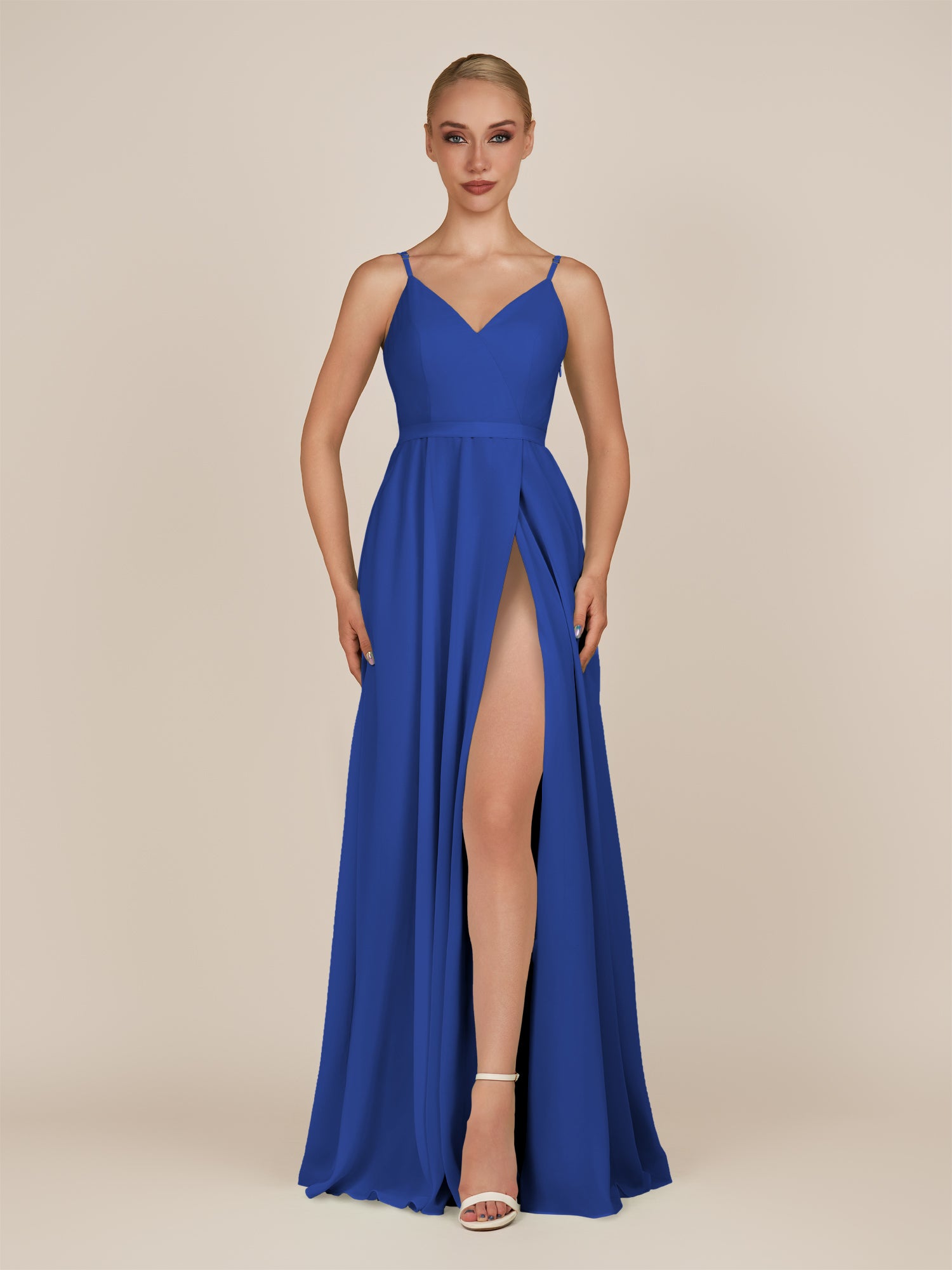KissDress-Glenys Royal Blue A Line V Neck Long Bridesmaid Dress with Slit