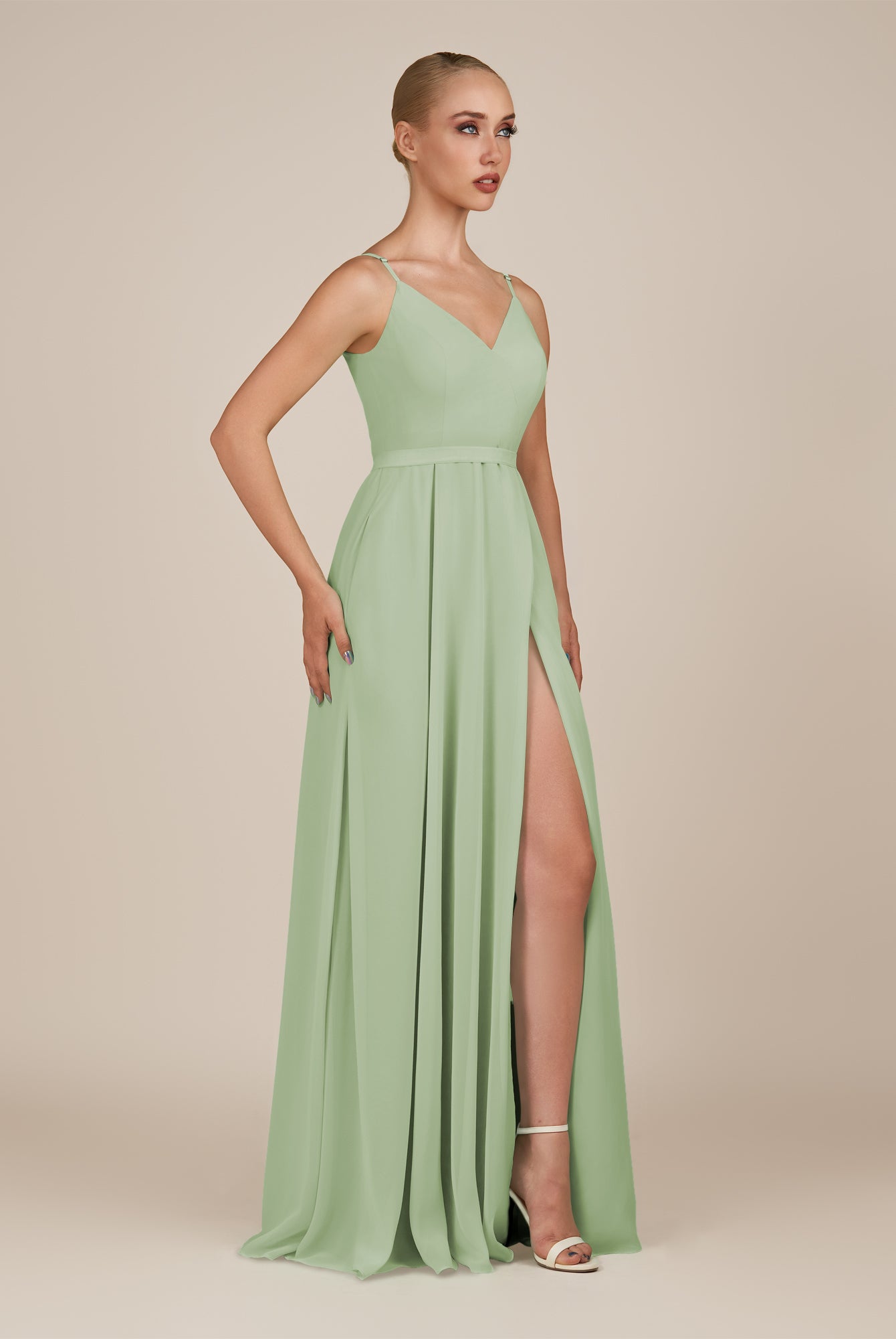 KissDress-Glenys Sage A Line V Neck Long Bridesmaid Dress with Slit