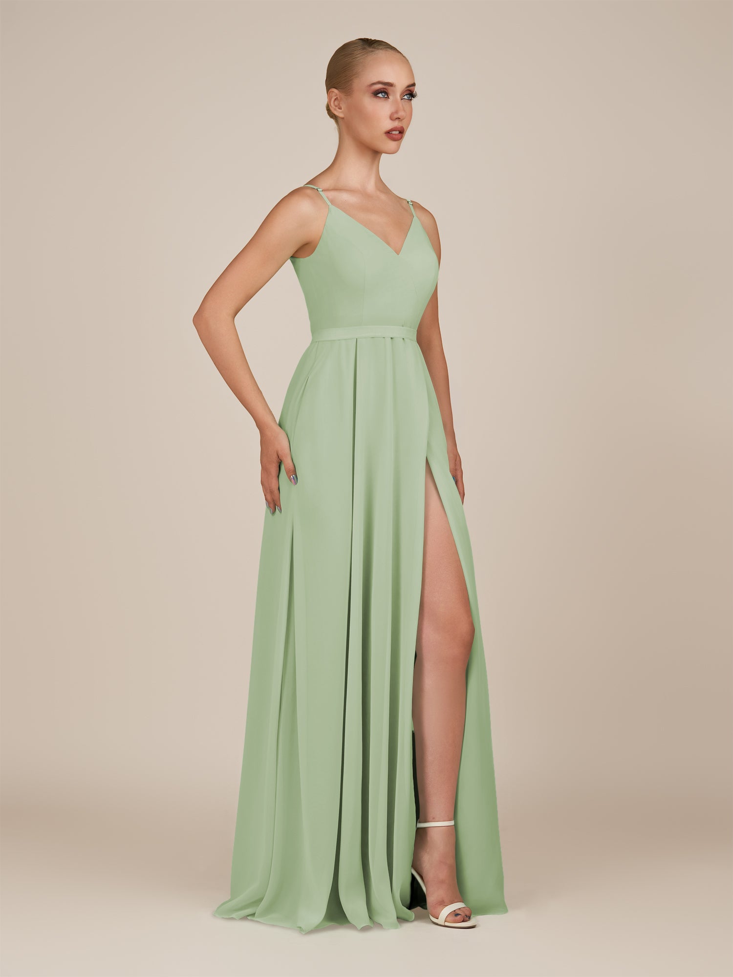 KissDress-Glenys Sage A Line V Neck Long Bridesmaid Dress with Slit