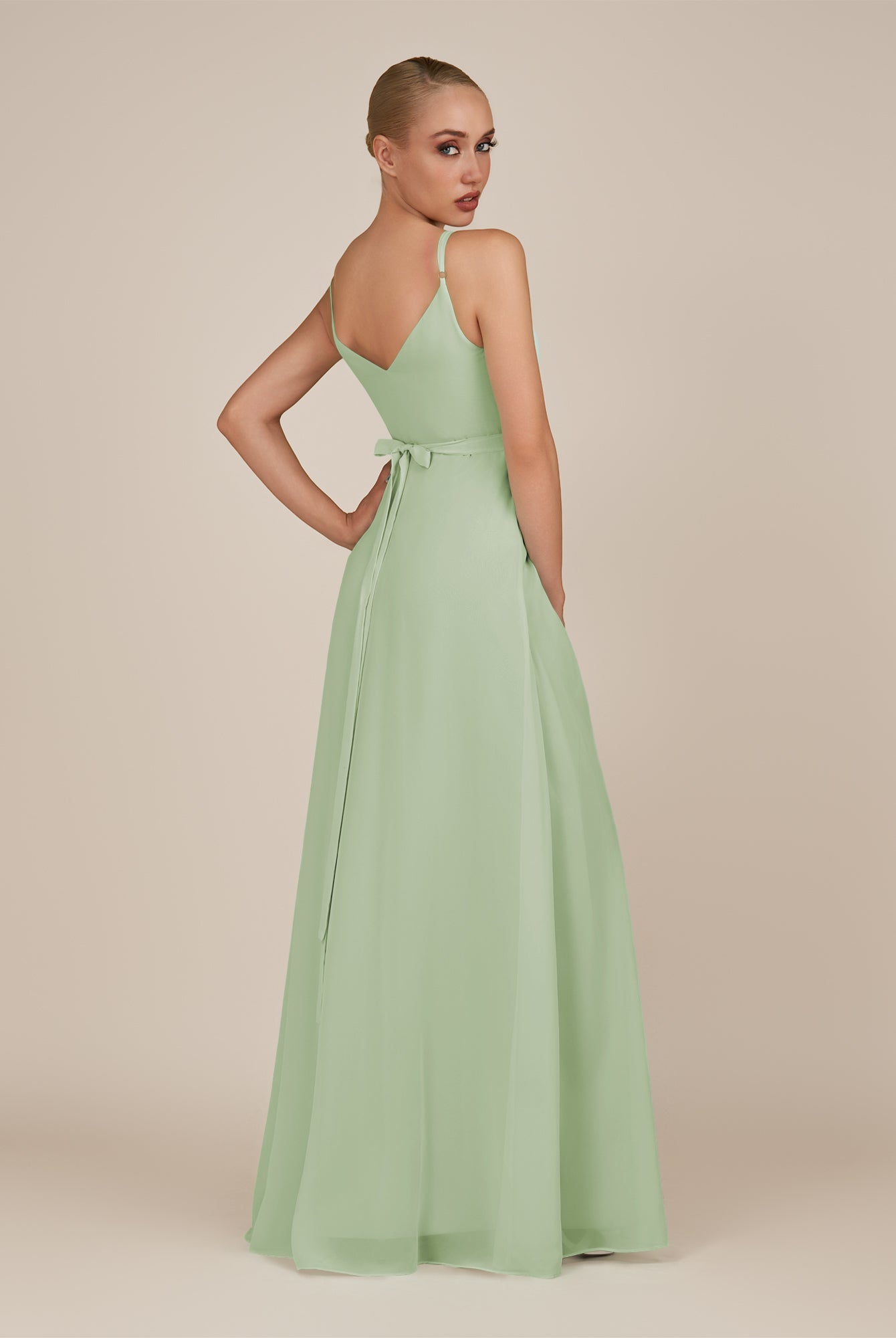 KissDress-Glenys Sage A Line V Neck Long Bridesmaid Dress with Slit