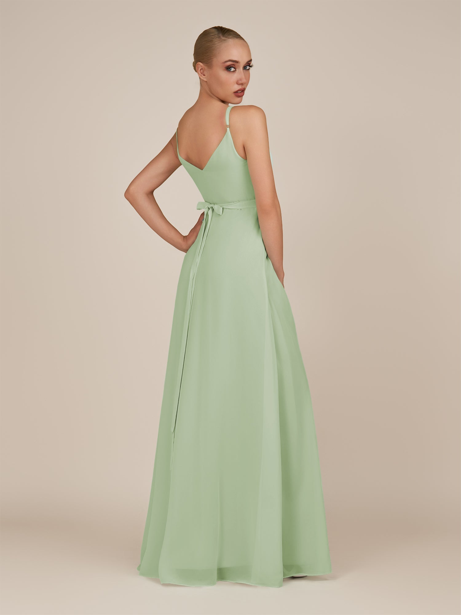 KissDress-Glenys Sage A Line V Neck Long Bridesmaid Dress with Slit