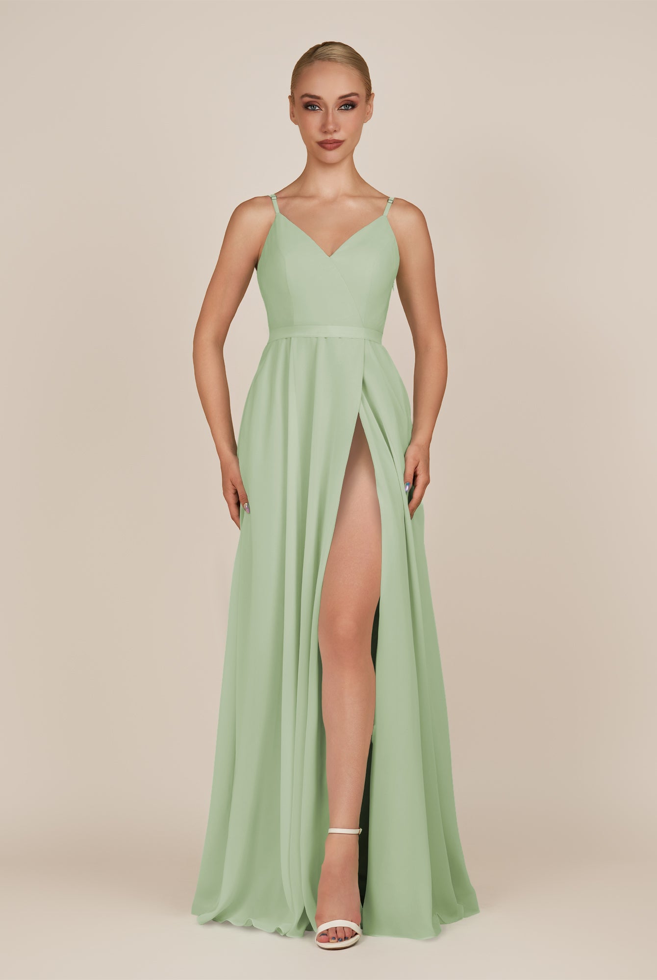 KissDress-Glenys Sage A Line V Neck Long Bridesmaid Dress with Slit