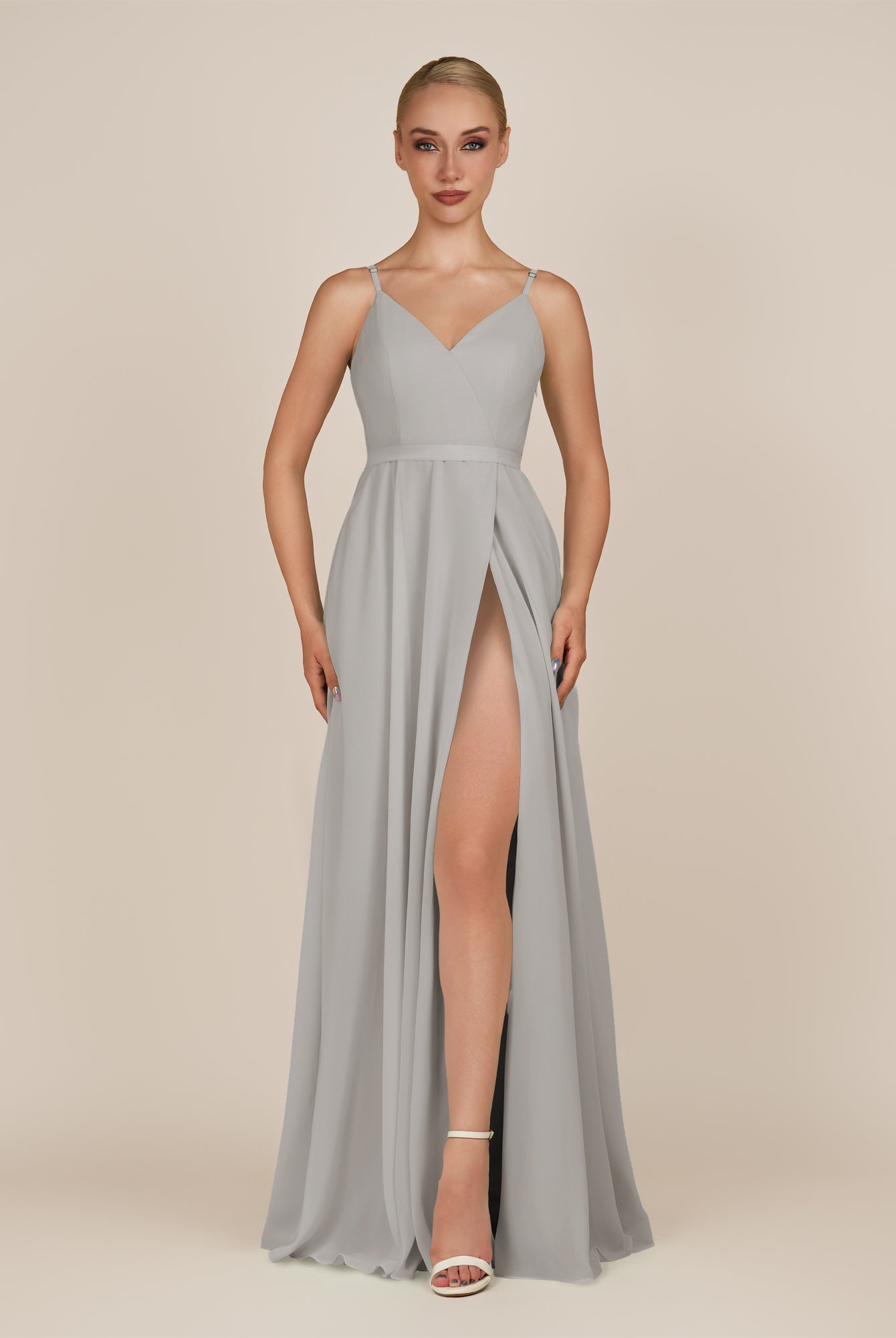 KissDress-Glenys Silver A Line V Neck Long Bridesmaid Dress with Slit