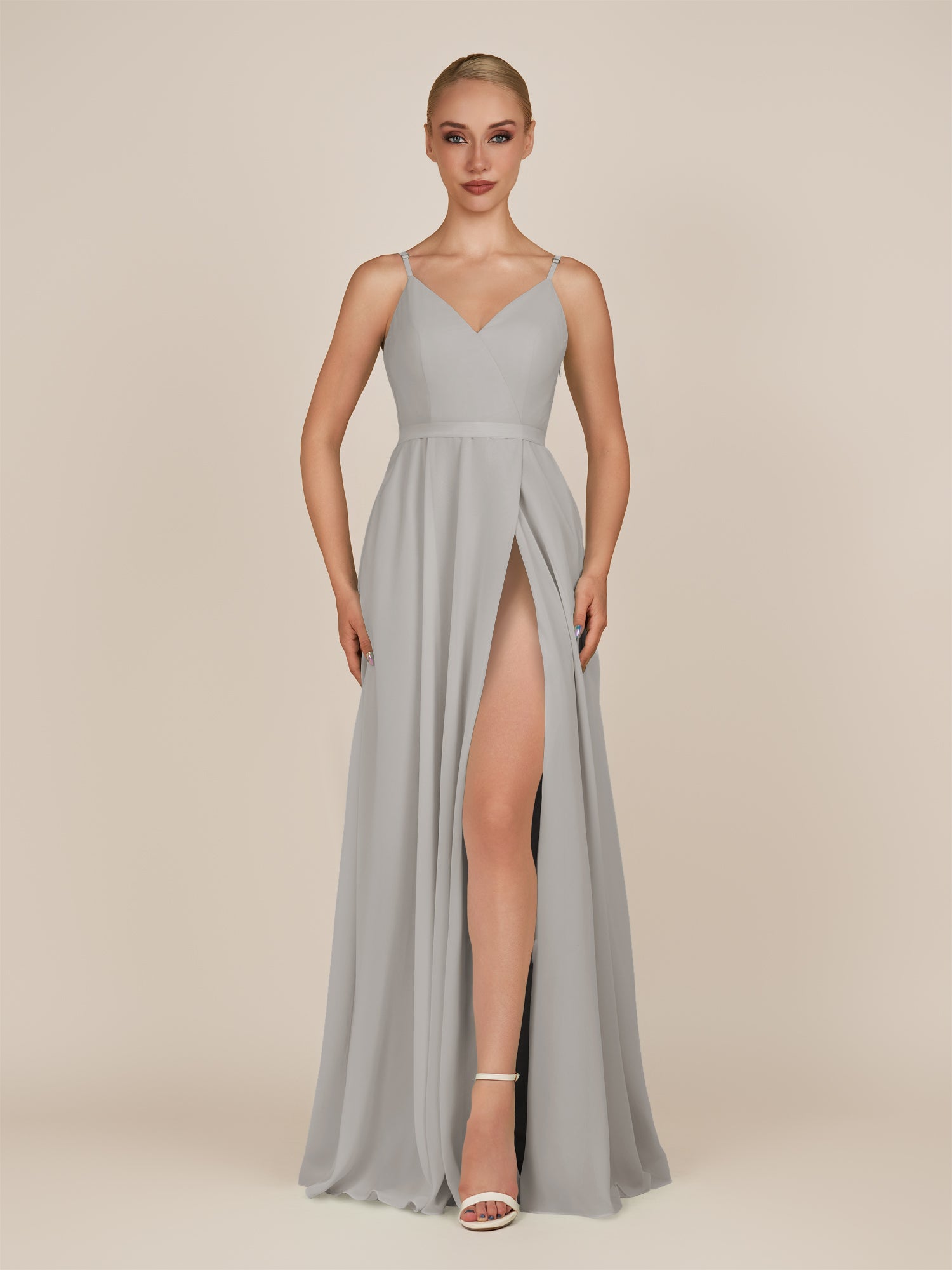 KissDress-Glenys Silver A Line V Neck Long Bridesmaid Dress with Slit