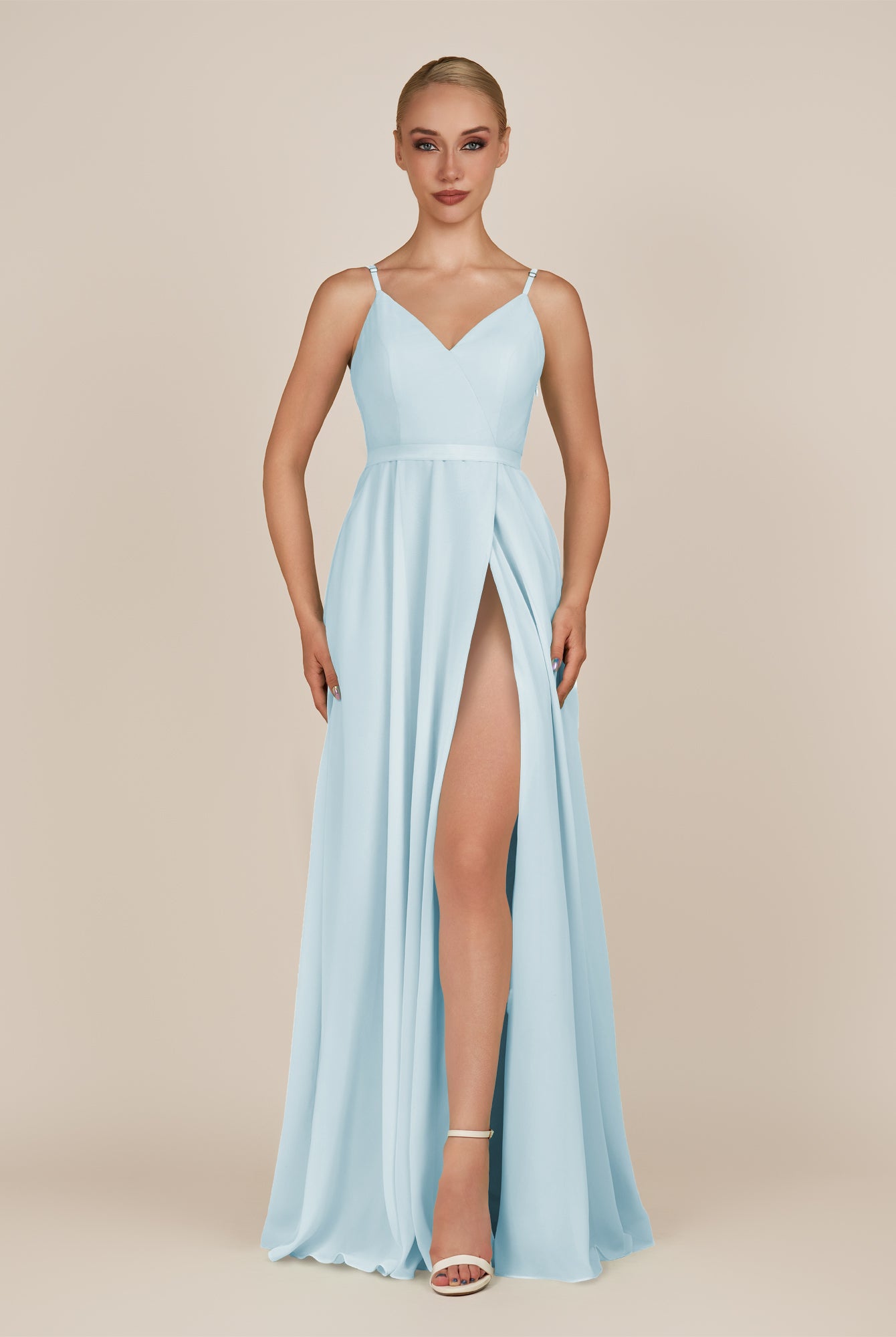KissDress-Glenys Sky Blue A Line V Neck Long Bridesmaid Dress with Slit